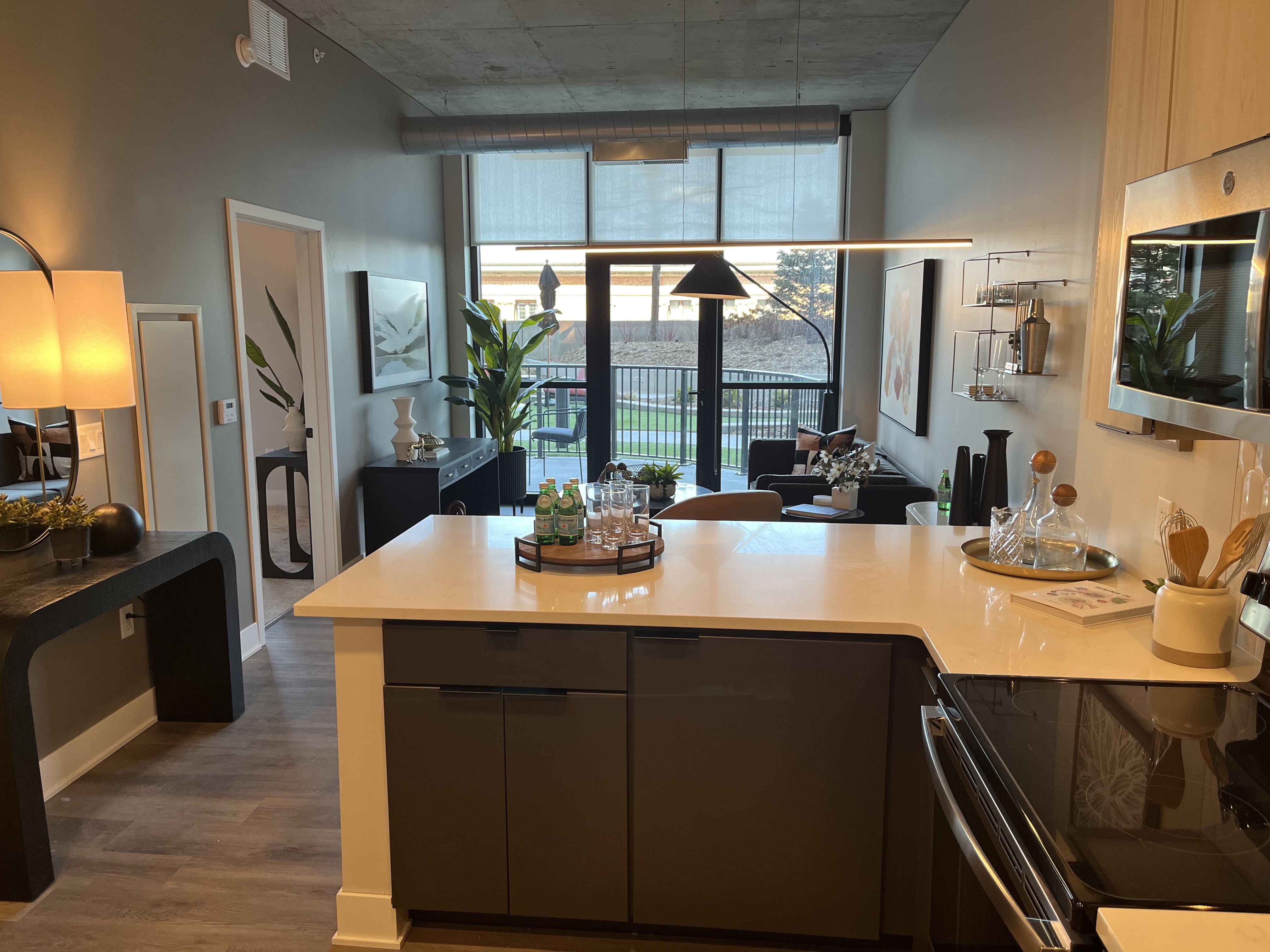 An apartment with a view out on a terrace