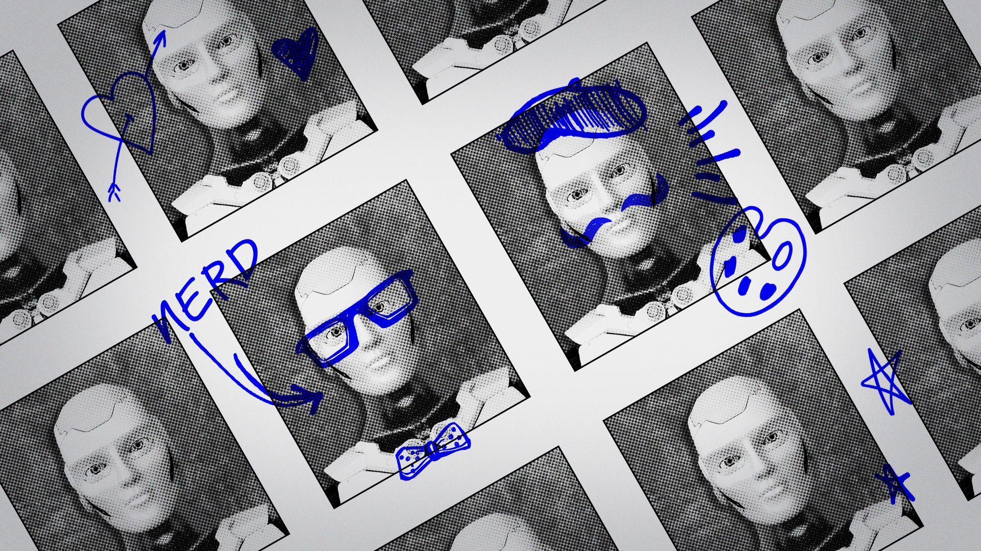 Illustration of a yearbook page with robots and drawings of glasses, a bowtie, paint palette, and beret drawn on top of their faces.