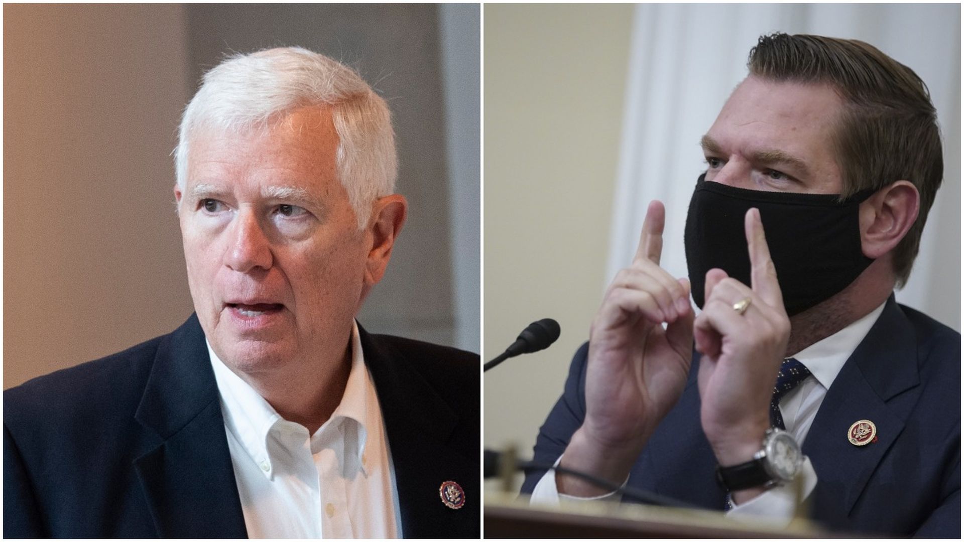 Combination images of Reps. Mo Brooks and Eric Swalwell.