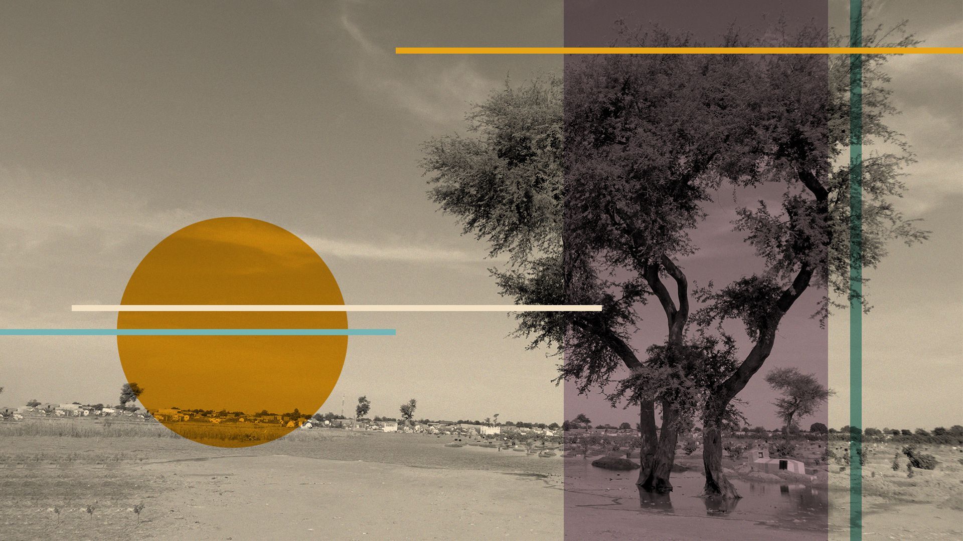 Illustration of land flooded in Chad, Africa, with abstract shapes.