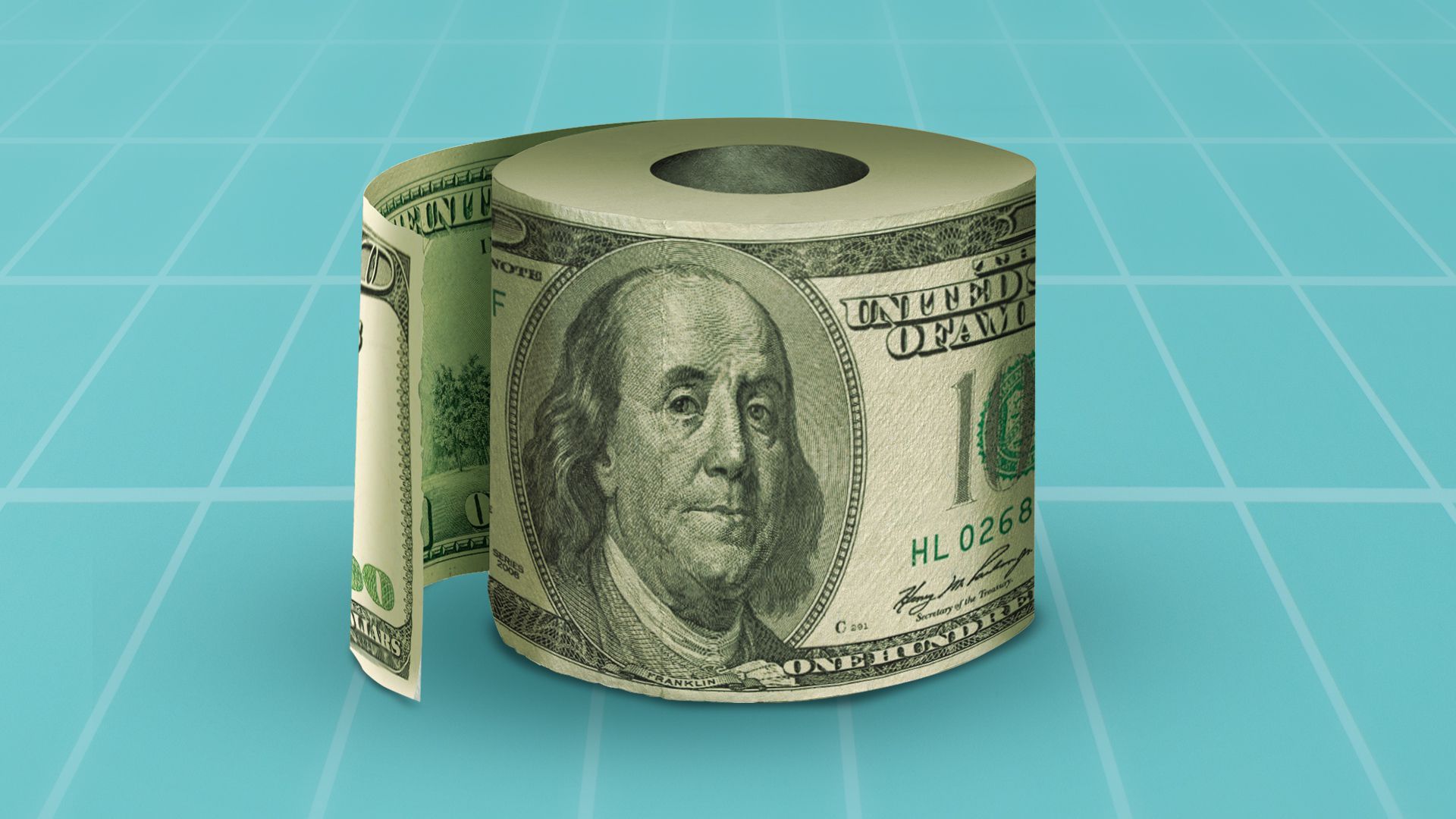 Illustration of a roll of toilet paper made from money.