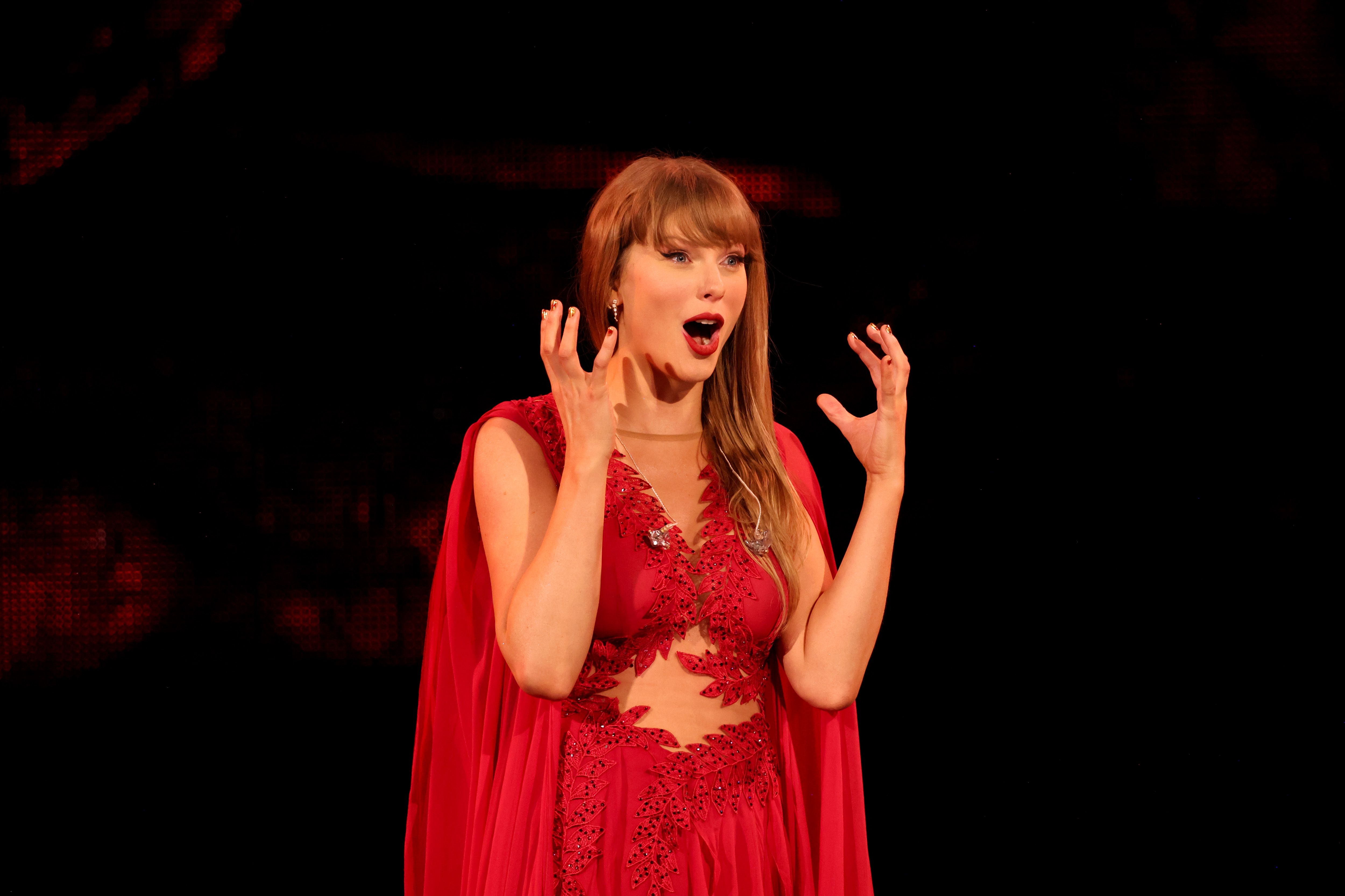 Taylor Swift performs onstage during "Taylor Swift | The Eras Tour" at Lucas Oil Stadium