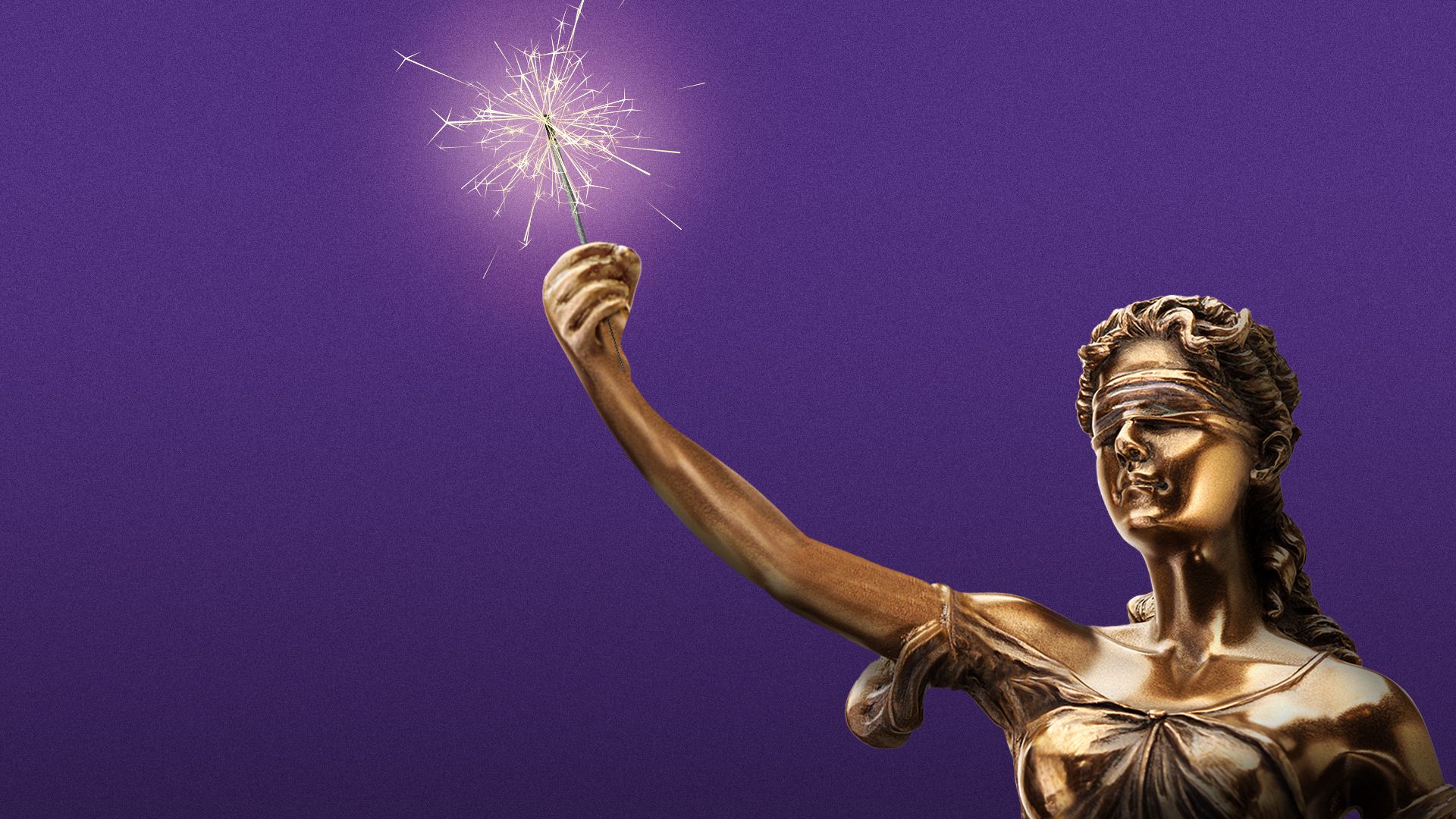 Illustration of a statue of Lady Justice holding a sparkler.