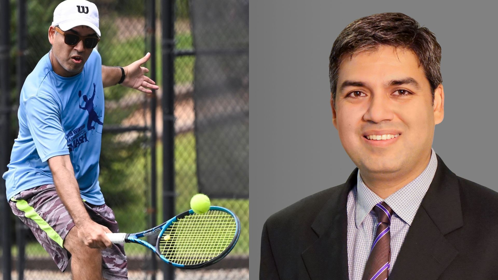 Two images side by side. On the left is a man playing tennis. On the right is headshot of a man wearing a suit.