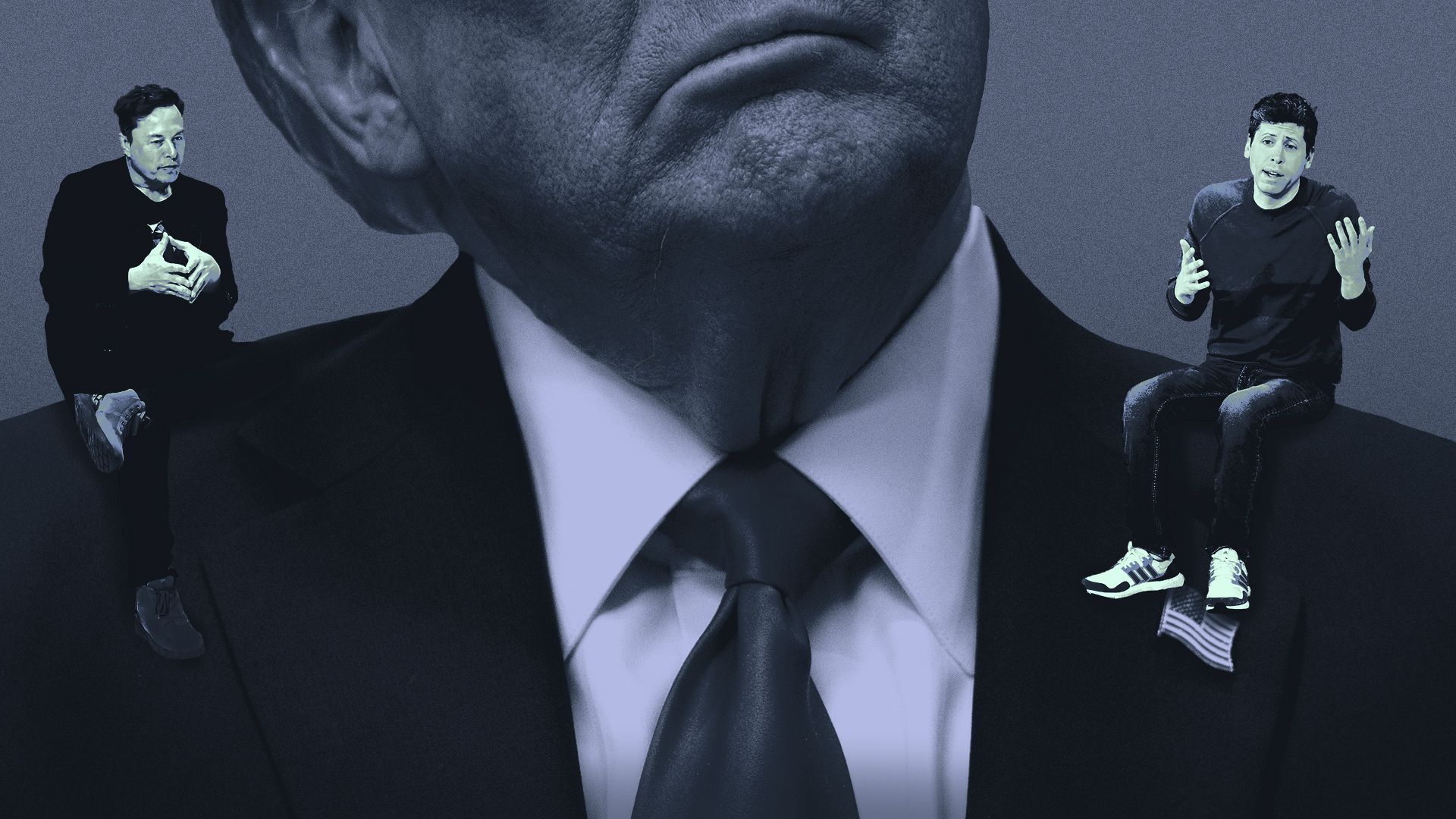 Photo illustration of Elon Musk and Sam Altman sitting on Donald Trump's shoulders.