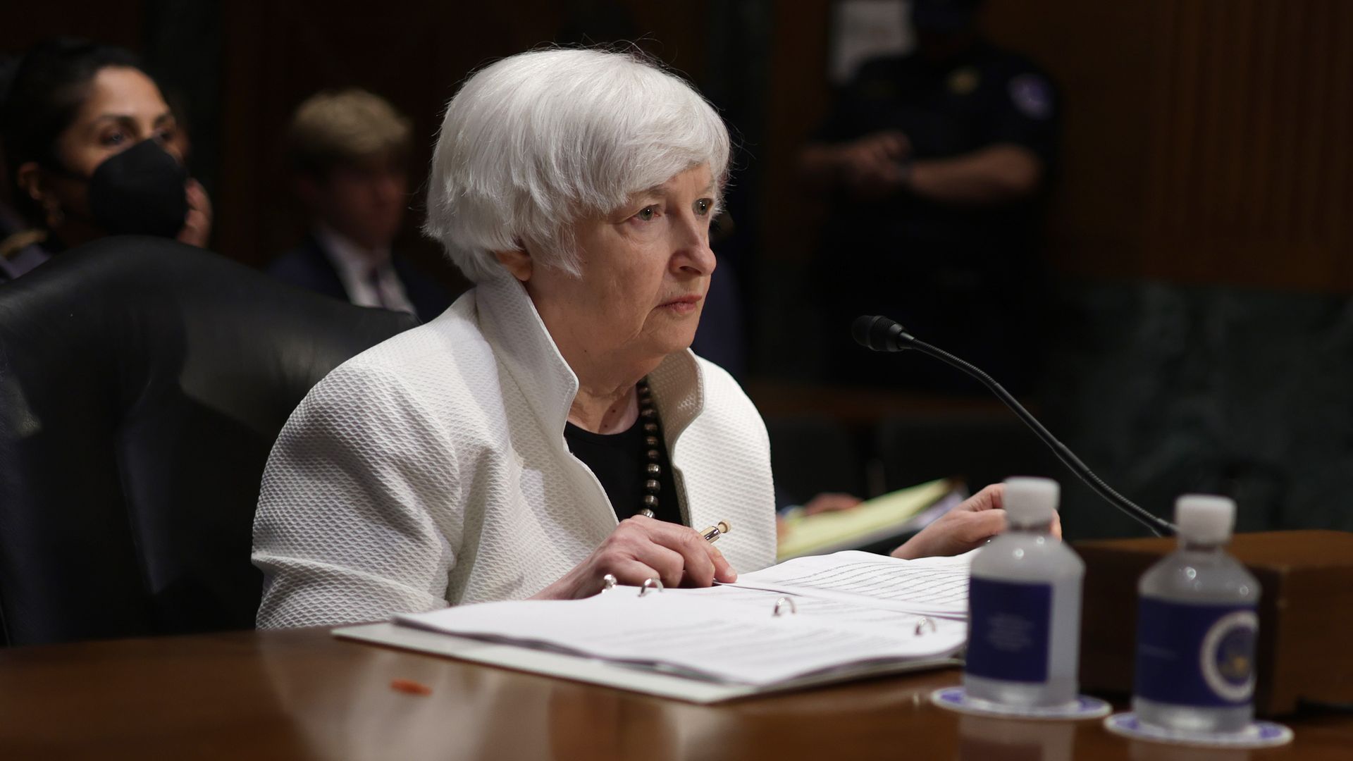 Janet Yellen testifies during a hearing before Senate Finance Committee at Dirksen Senate Office Building on Capitol Hill June 7,