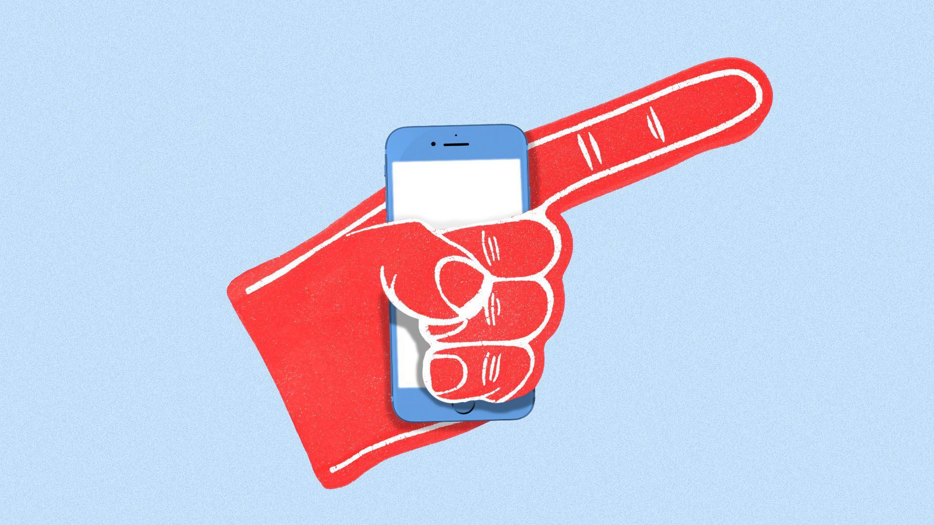 Illustration of a foam hand holding a mobile phone.
