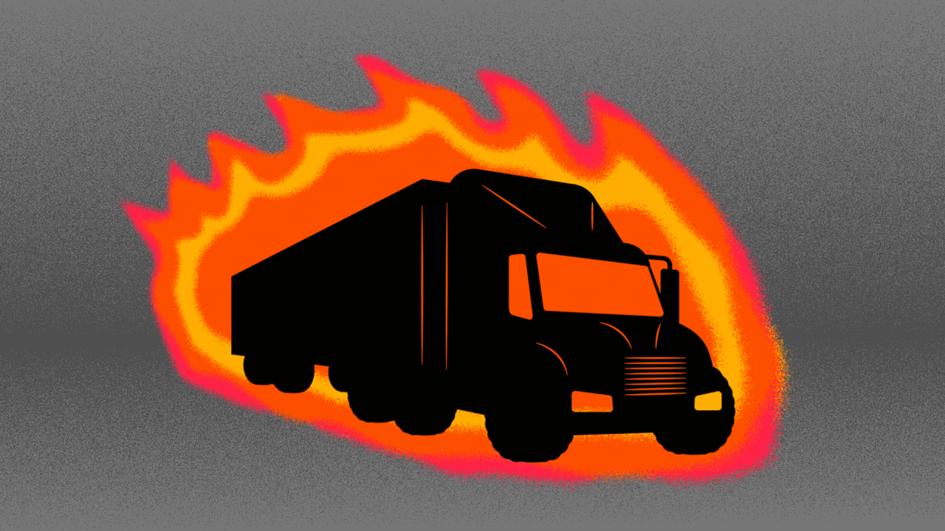 Animated illustration of a silhouetted tractor trailer truck driving while on fire.