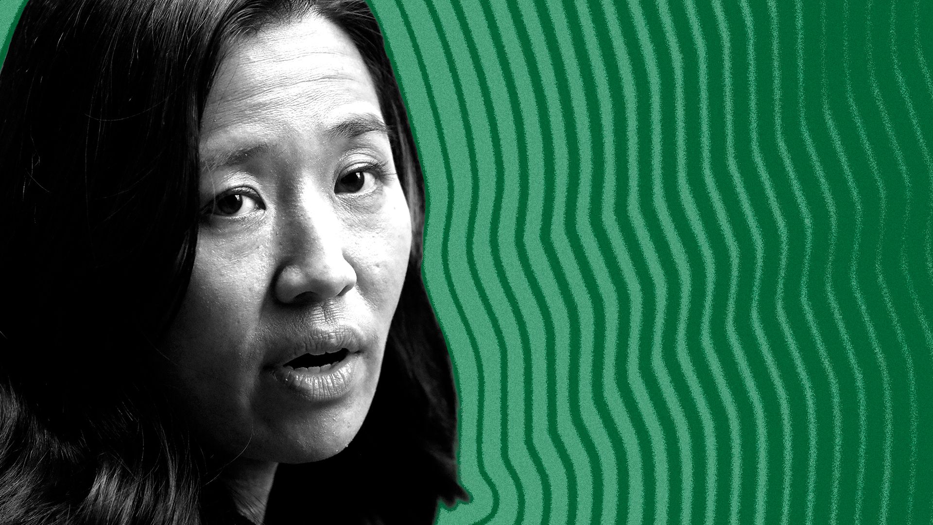 Photo illustration of Boston Mayor Michelle Wu with lines radiating from her.