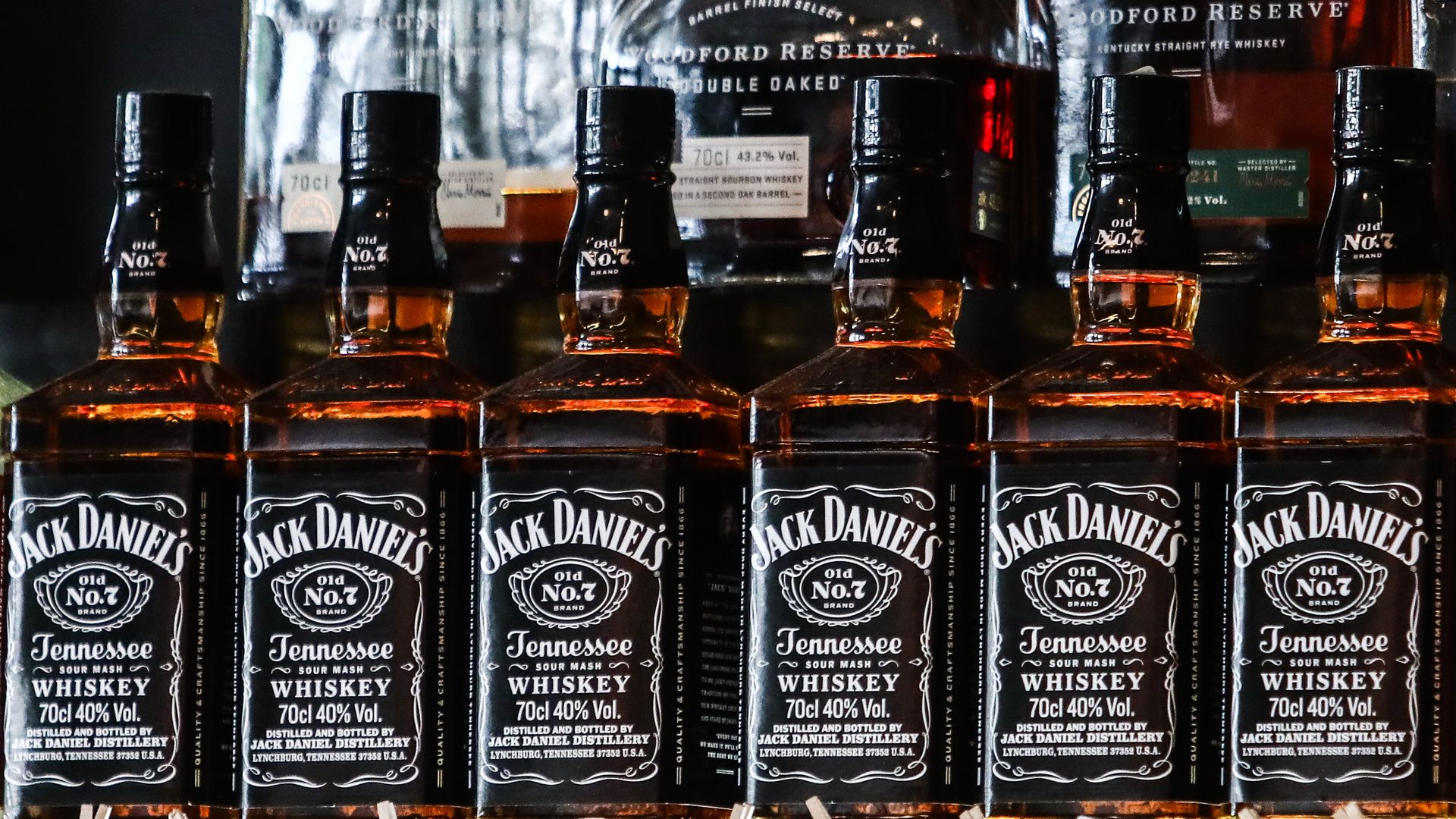 Jack Daniels whiskey bottles are seen in a bar in Krakow, Poland on May 25, 2022
