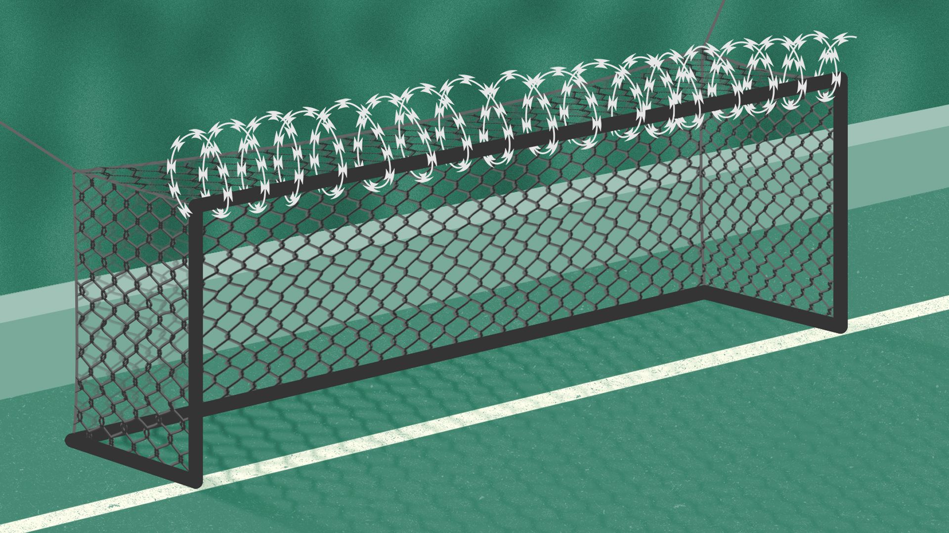 Illustration of a soccer goal with chain link fencing instead of a net, and a spiral of razor wire running along the top.