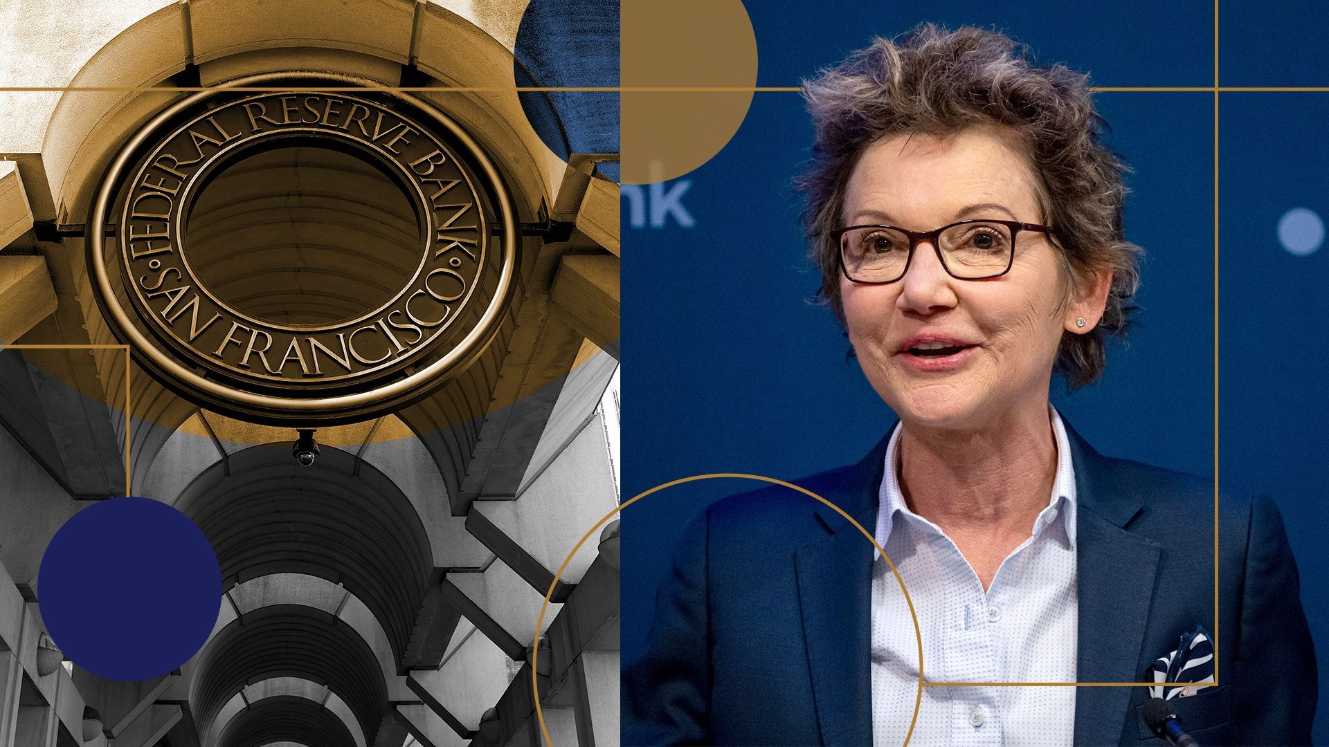 Photo illustration of Mary Daly and the Federal Reserve Bank of San Francisco surrounded by abstract shapes.