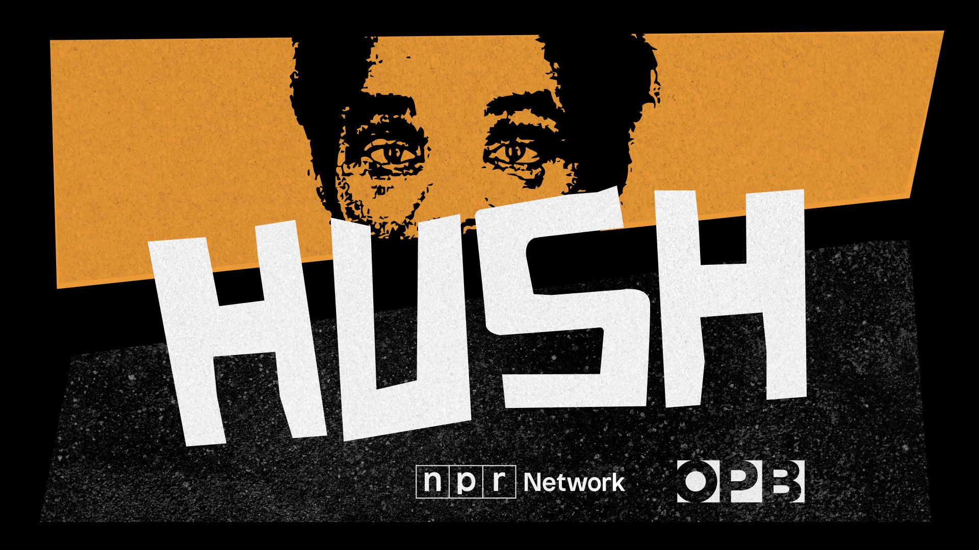 An illustration of the top of a man's face with big, white block letters overlayed that spell out "Hush"