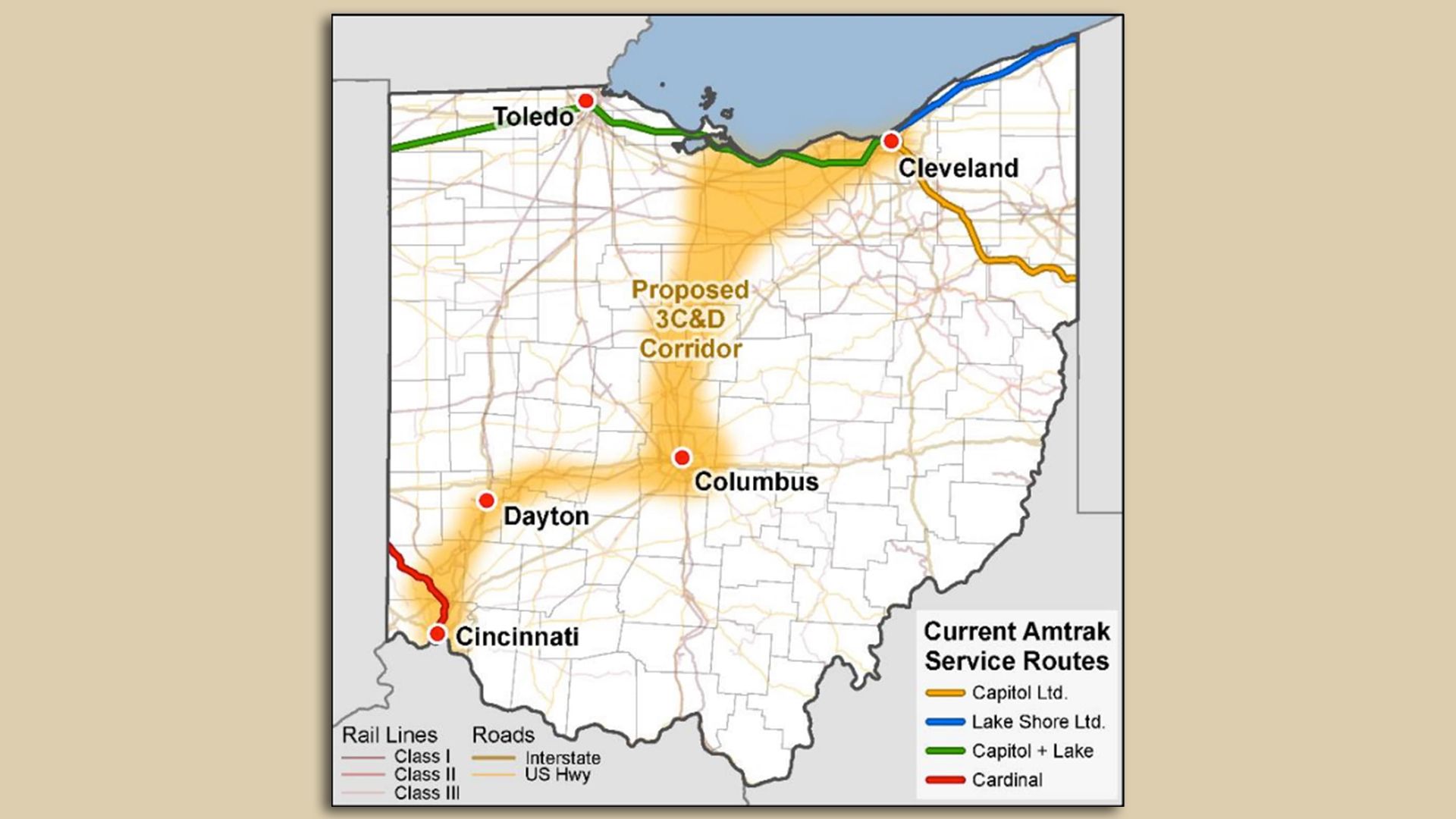 Map of Ohio showing current Amtrak routes: Capitol Ltd. in orange, Lake Shore Ltd. in blue, combined Capitol + Lake in green, and Cardinal in red. A proposed 3C&D Corridor highlighted in orange.