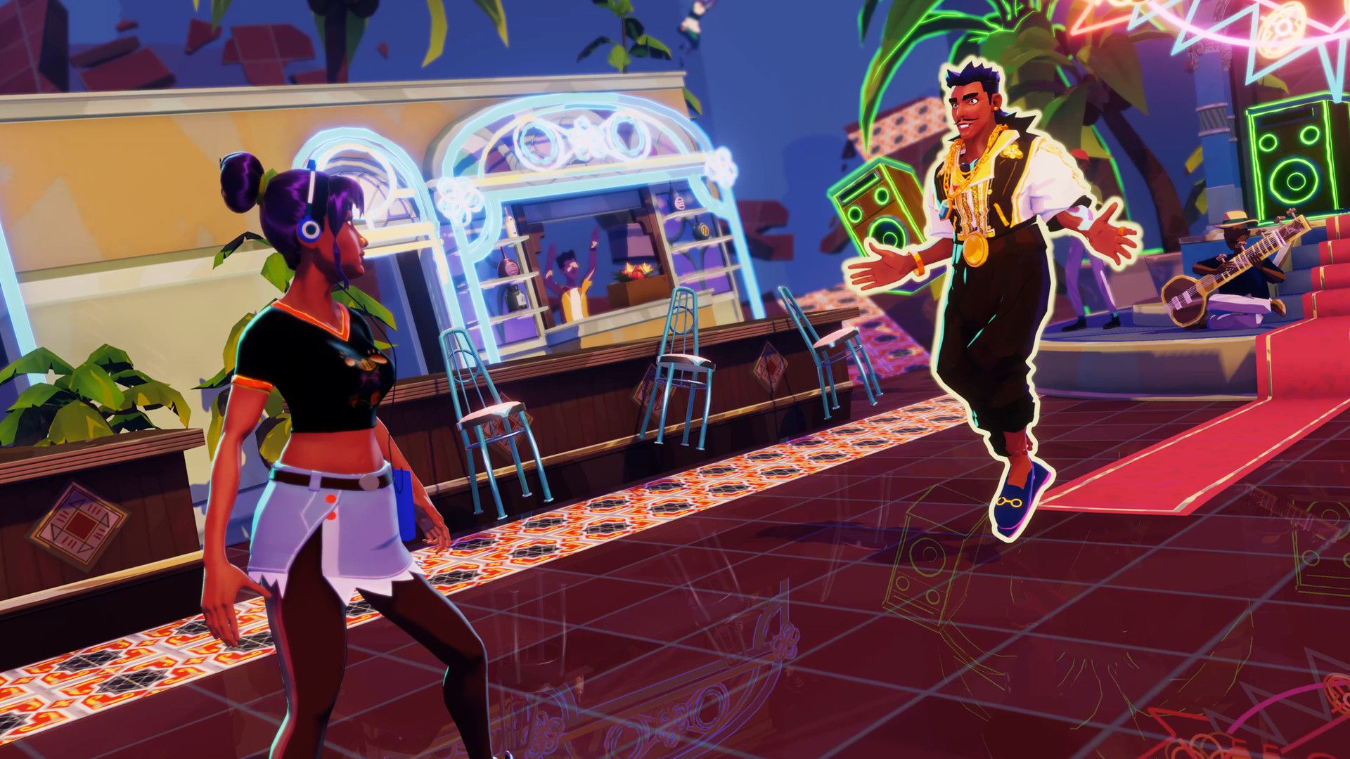 Video game screenshot of a woman and a man in a magical-looking restaurant, facing off