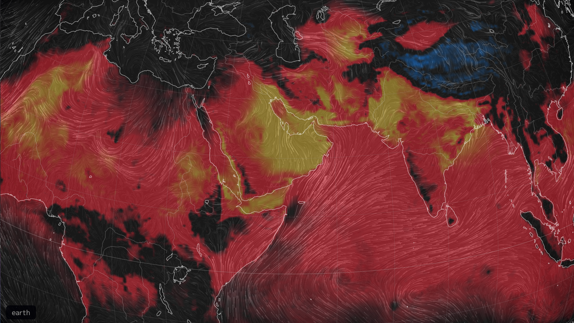 Map of the Middle East, Africa and South Asia, showing shades of red and yellow to depict a heat wave.