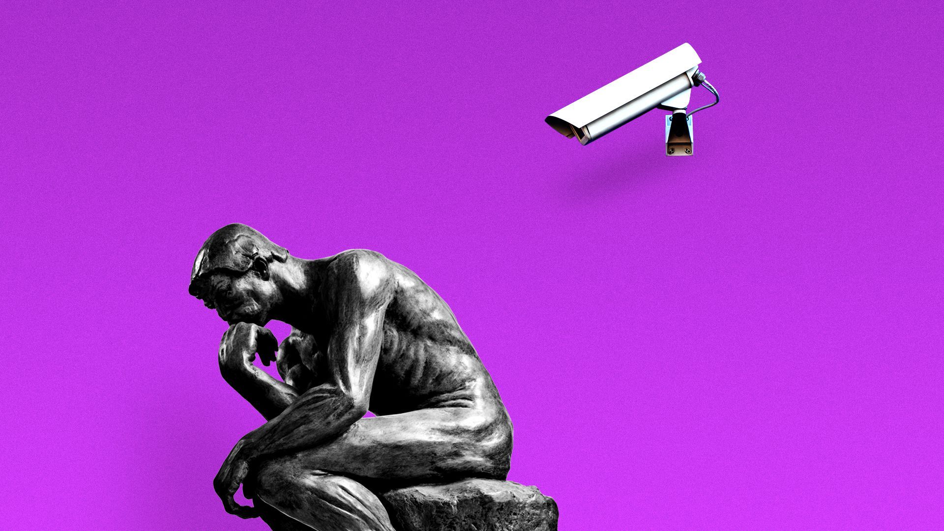 In this illustration, Thinking Man sits underneath a CCTV security camera
