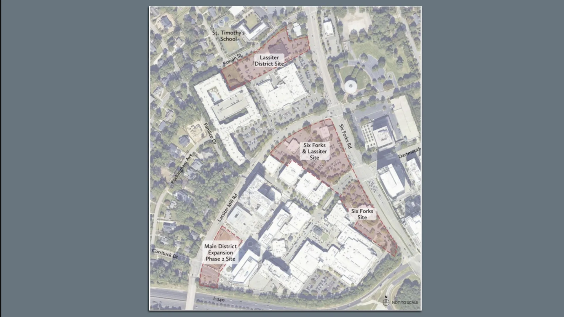 Aerial map showing four labeled sites outlined in red: Lassiter District Site, Six Forks & Lassiter Site, Six Forks Site, and Main District Expansion Phase 2 Site, with surrounding roads.