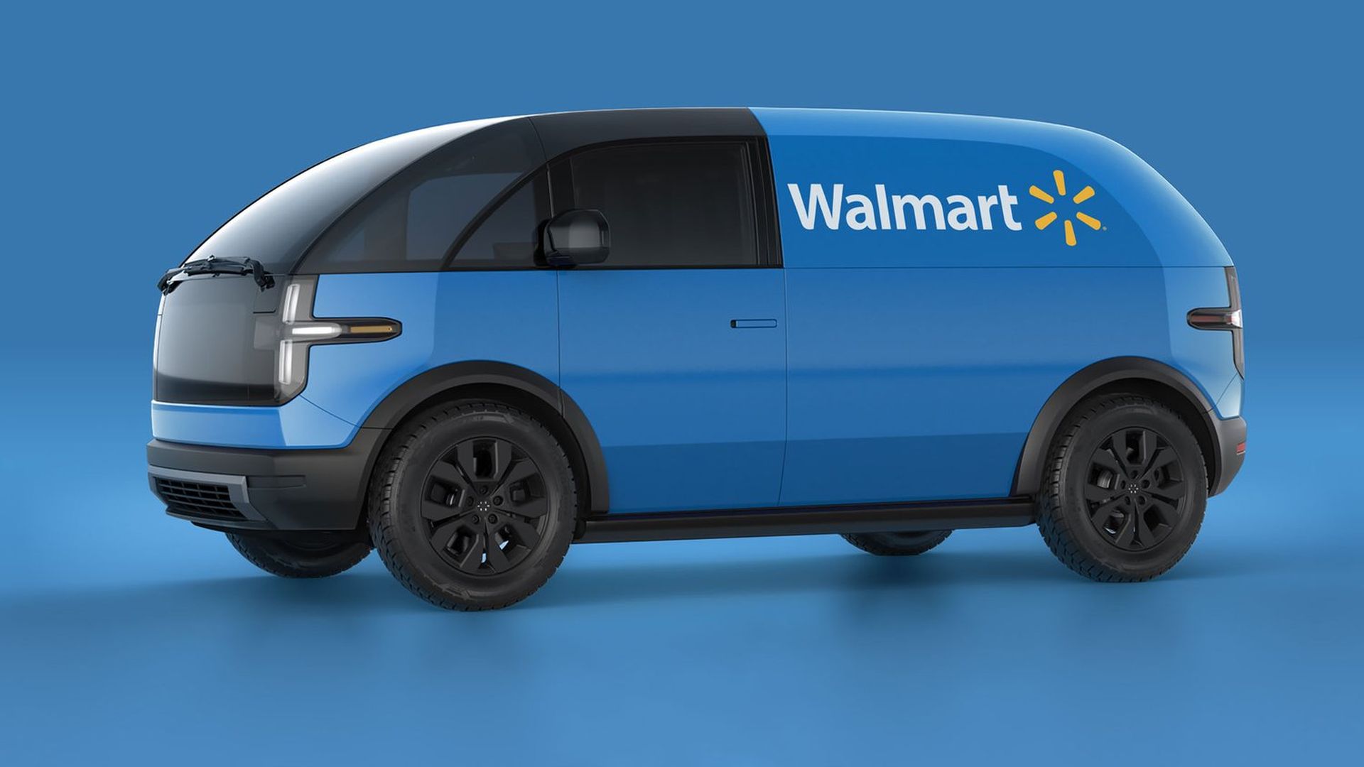 A blue van emblazoned with the logo of Walmart