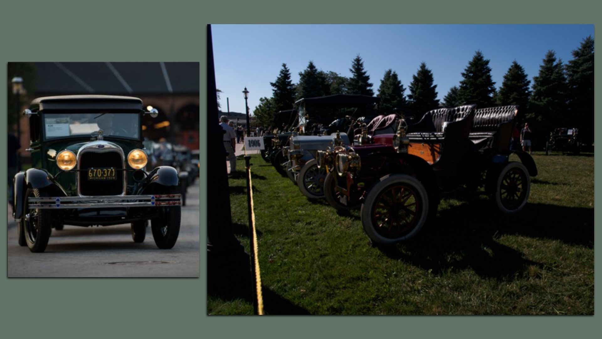 Two images of antique cars parked at the museum's grounds