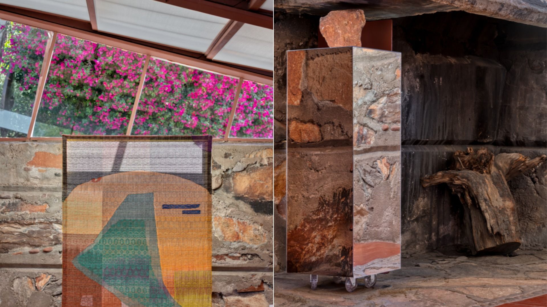 Two-panel image: Left shows colorful woven textile with abstract shapes in orange, teal, and yellow against a stone wall and window with pink flowers outside. Right shows mirrored rectangular sculpture with stone and wood in rustic stone room.