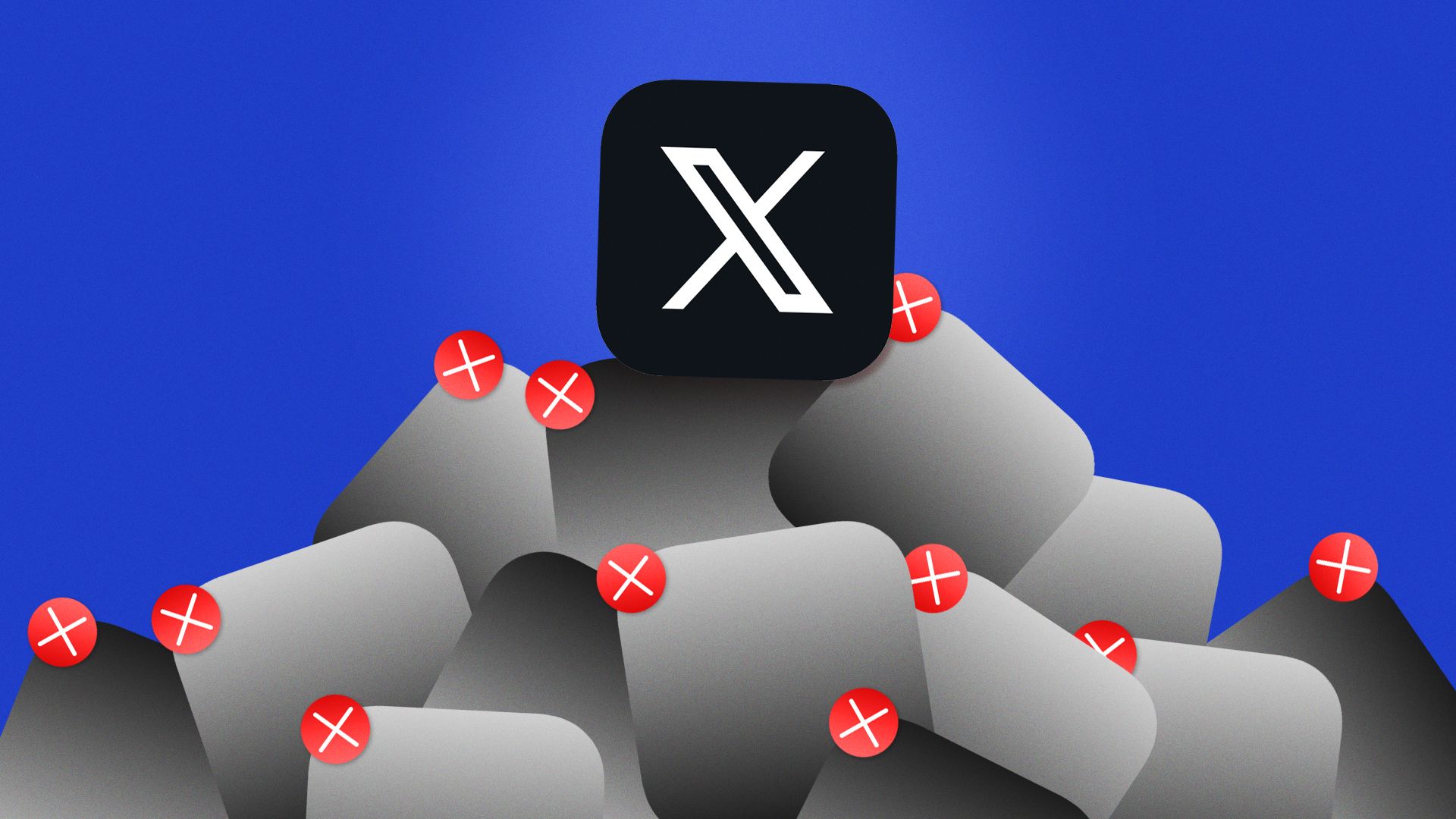 Illustration of the X app standing on top of a pile of deleted apps. 