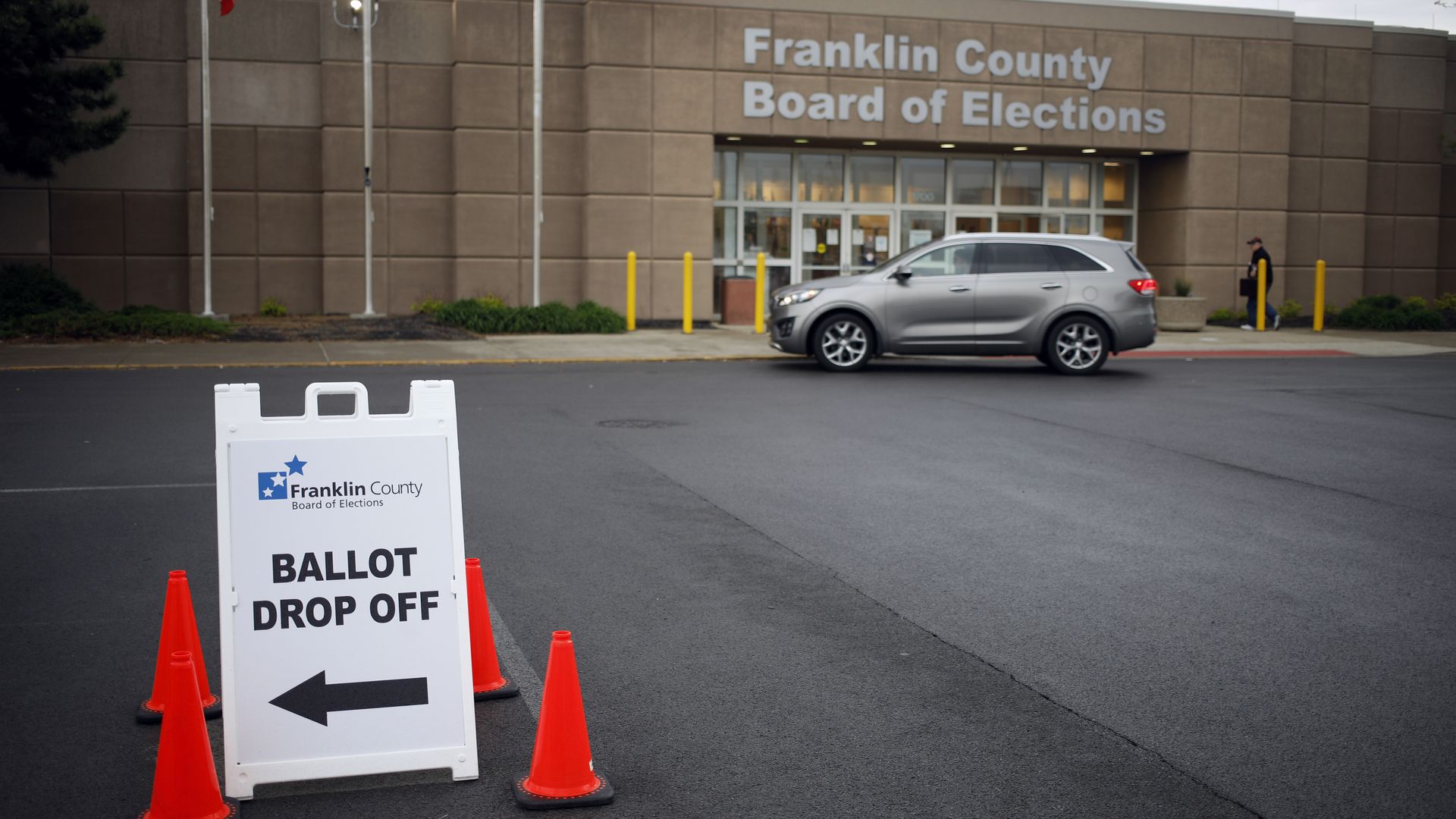 The front entrance of the Franklin County Board of Elections with a side in front reading "Ballot Drop Off."