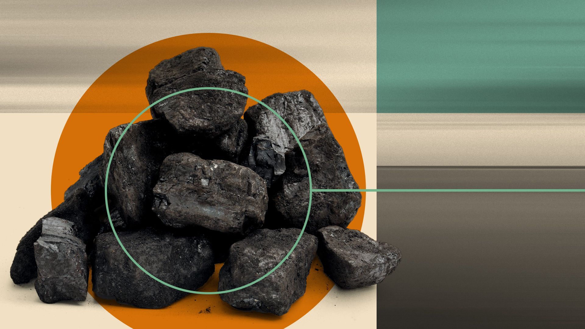 Illustration of a mound of coal overlaid on a horizon with abstract shapes.