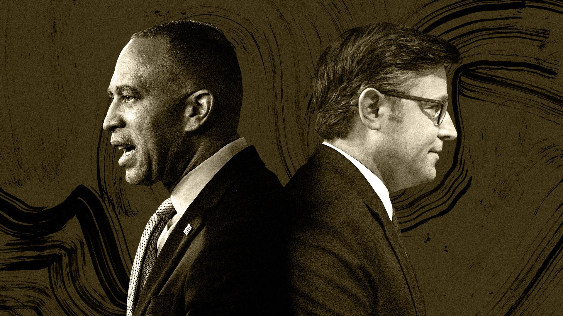 Photo illustration of House Speaker Mike Johnson and Minority Leader Hakeem Jeffries back to back against an abstract texture. 