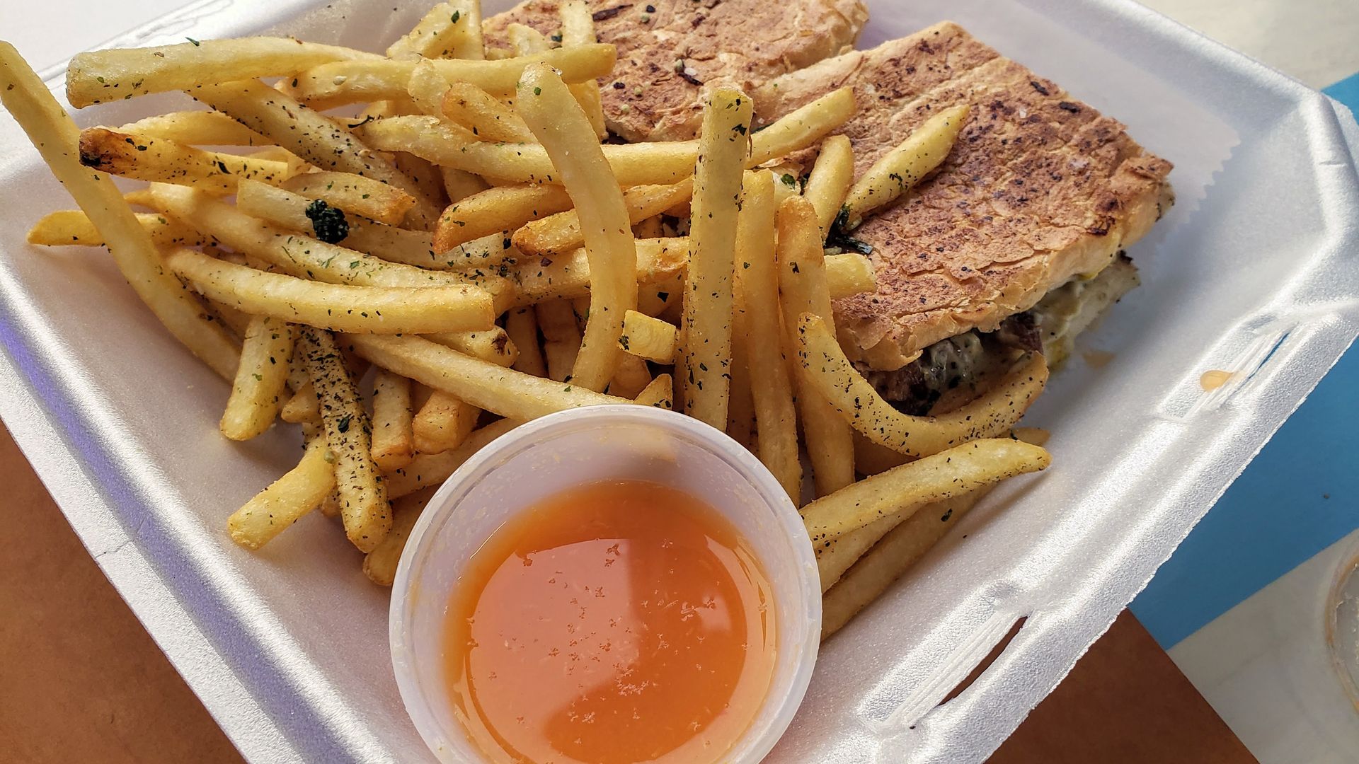 Photo of fries and a sandwich. 