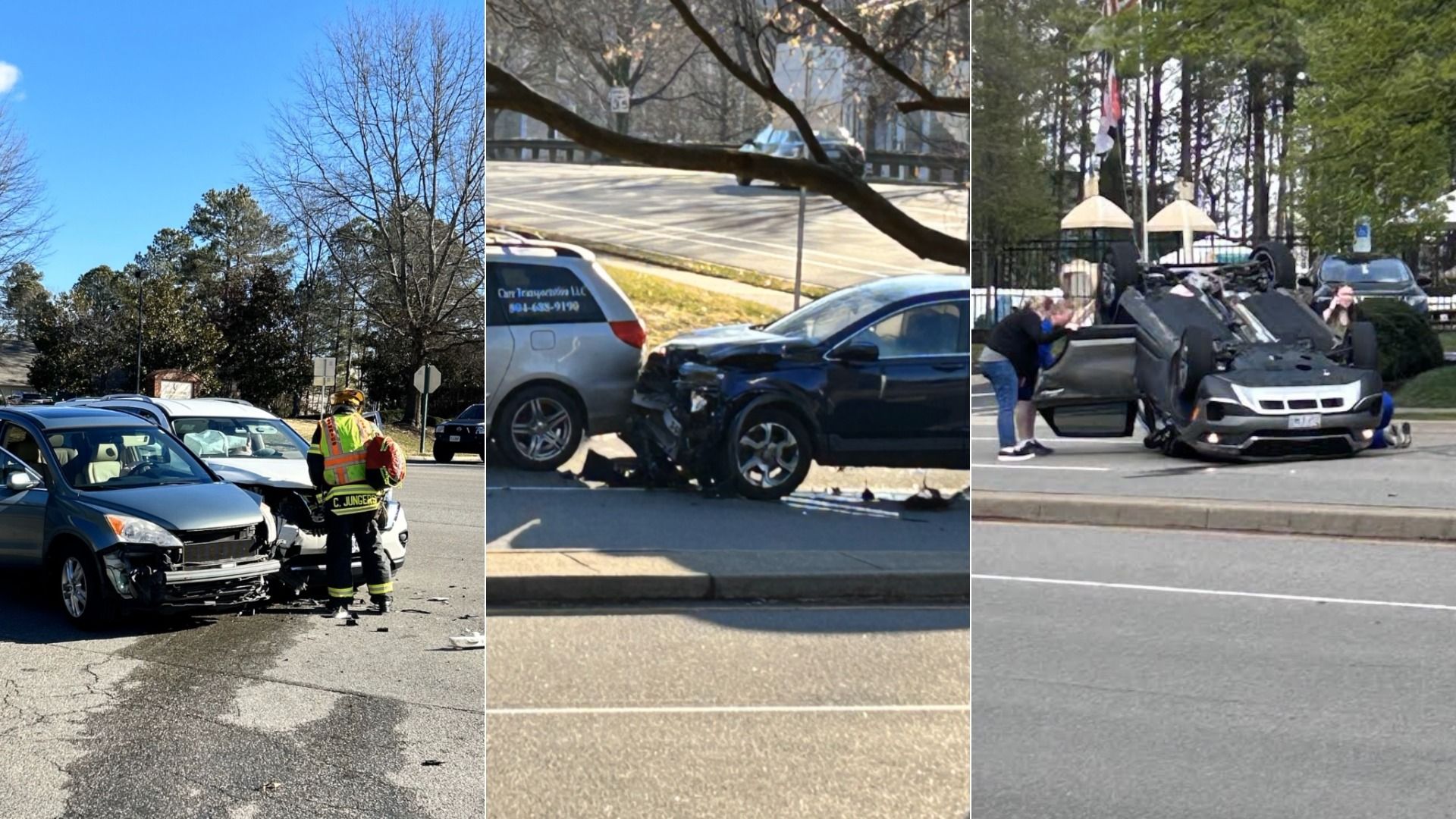 Collage of a multi-vehicle crash: left shows a firefighter beside a damaged silver car at an intersection; middle shows two cars with front-end damage; right shows an overturned car with rescuers.
