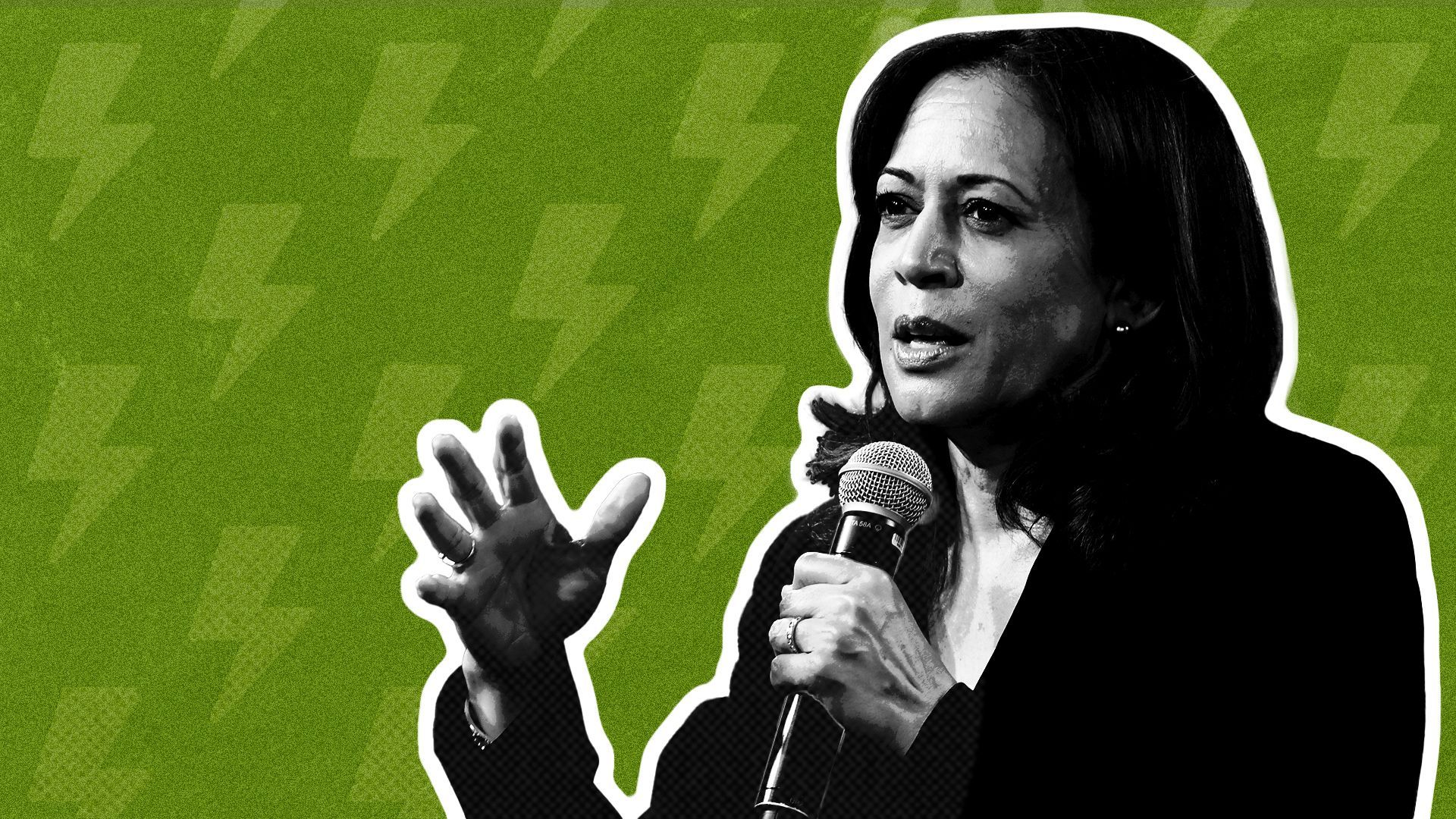 Photo illustration of Kamala Harris on a background of a repeating pattern of lightning shaped energy symbols.