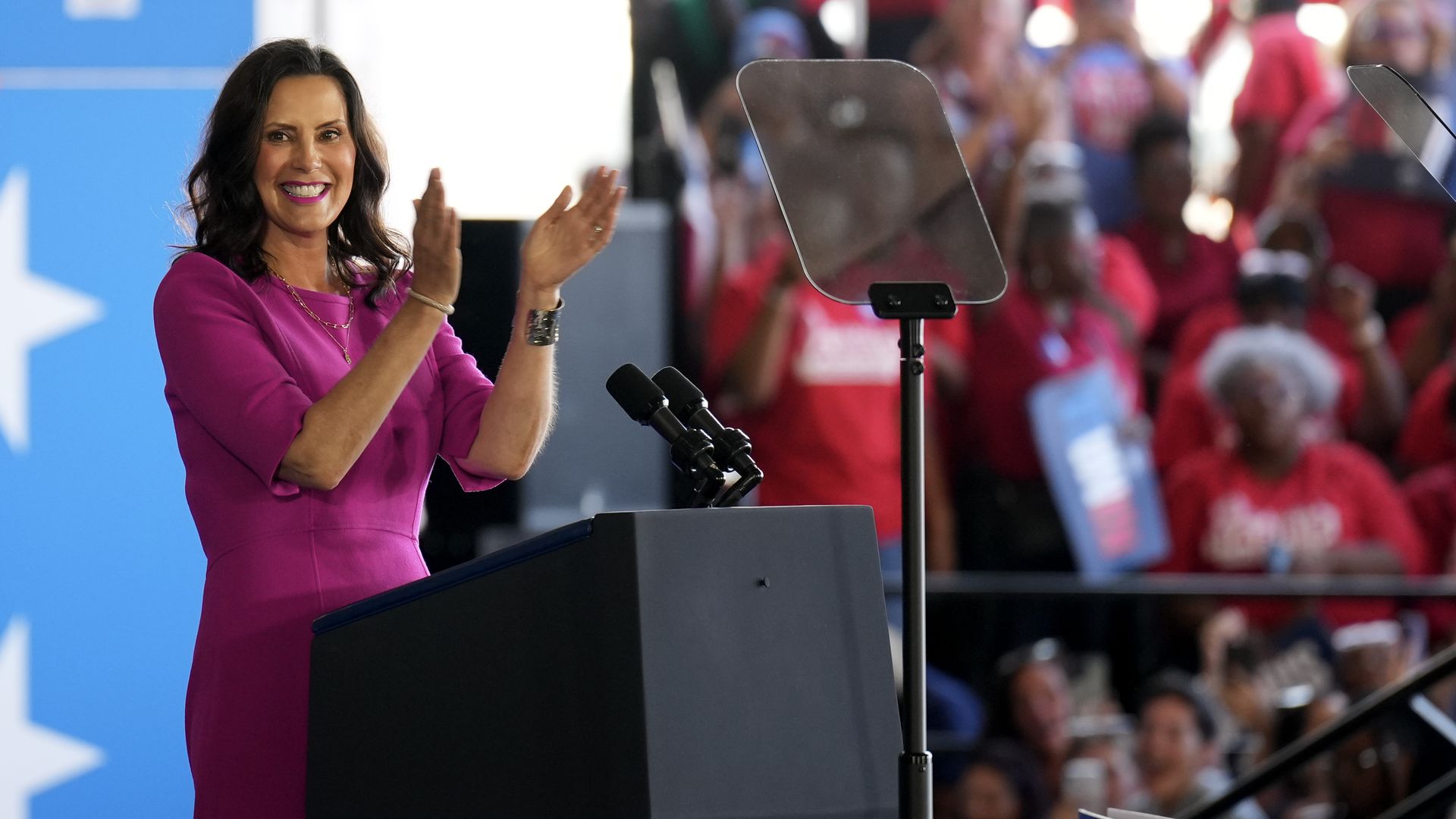 Gov. Gretchen Whitmer speaks before last week's Harris/Walz rally at Detroit Metro Airport. 