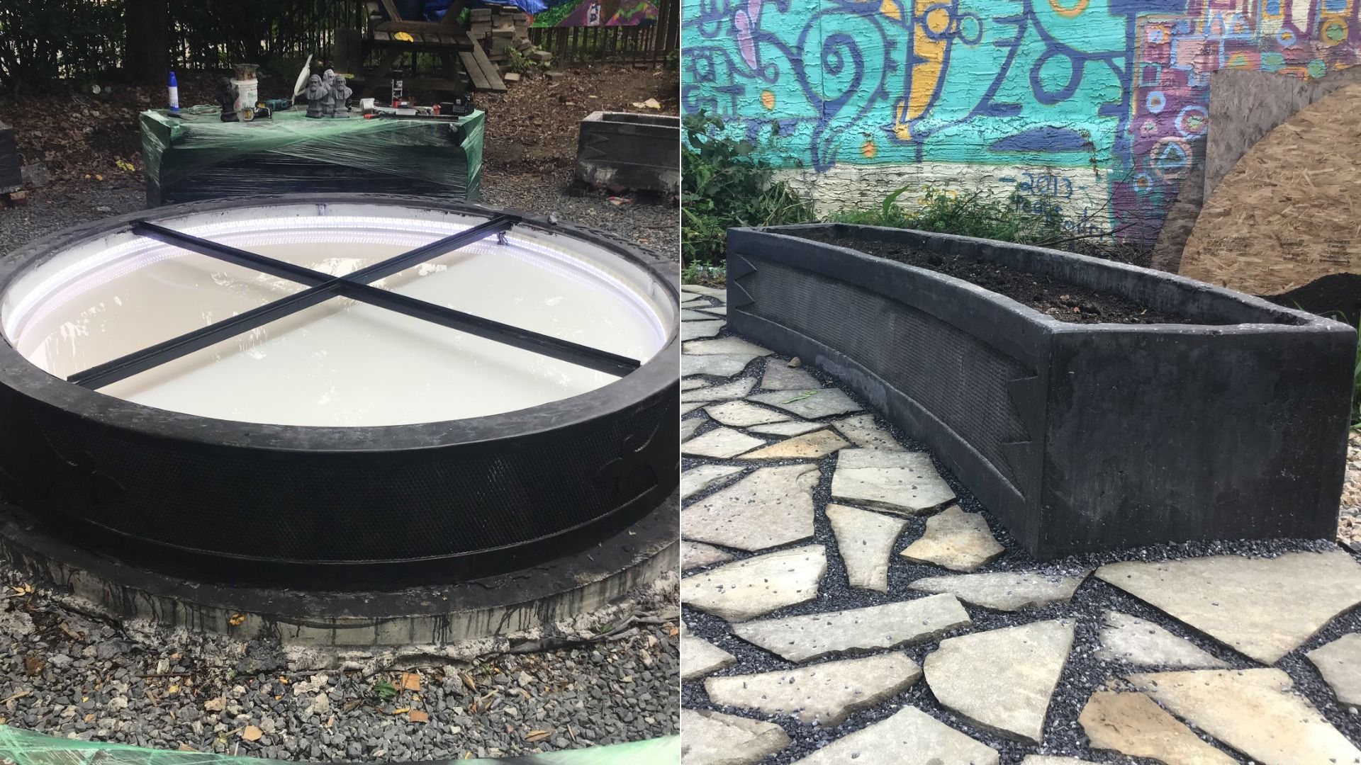 A makeshift fire pit, left, and a planter box composed of melted-down guns.