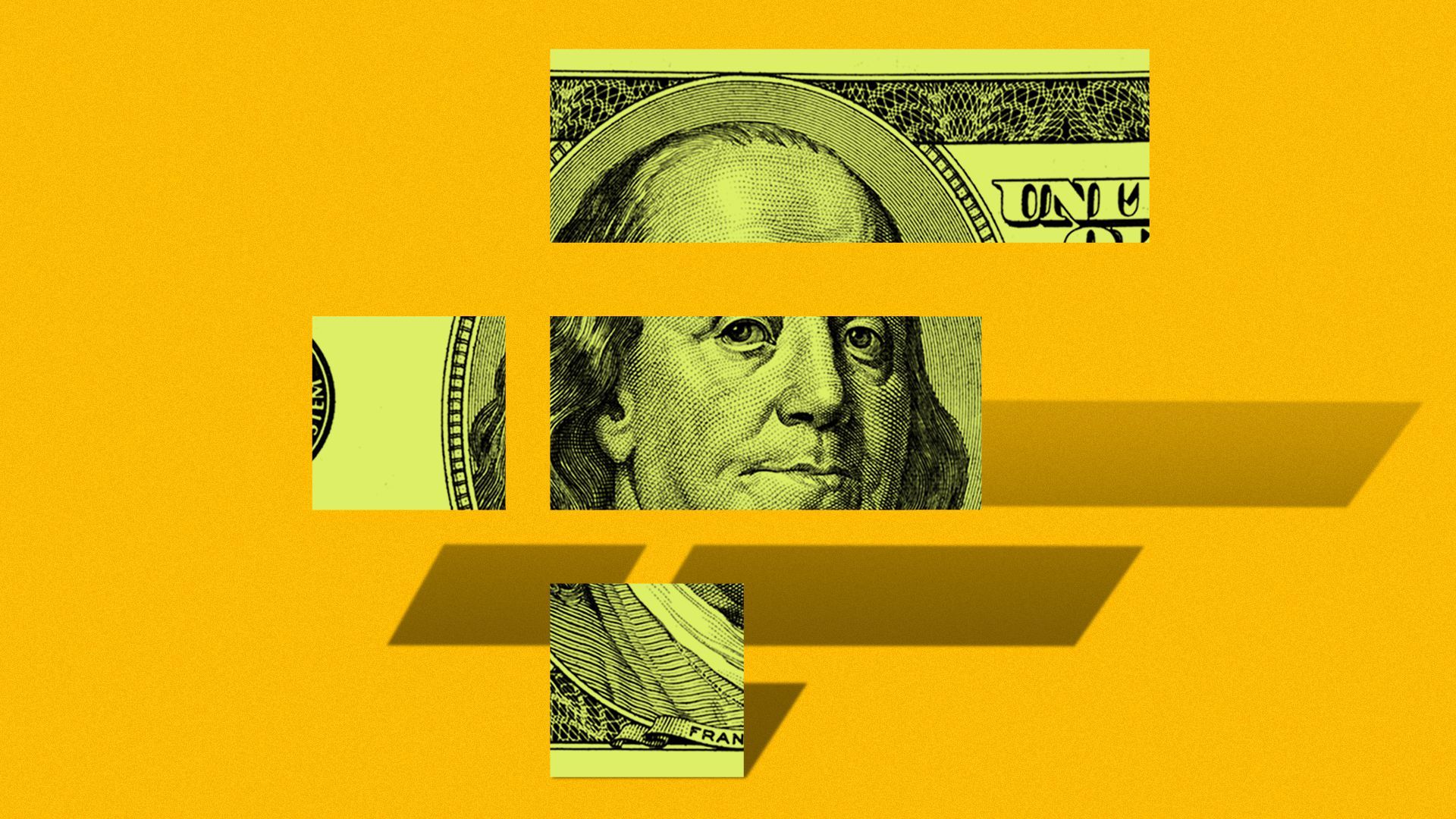 Illustration of a hundred dollar bill in the shape of the FTX logo 