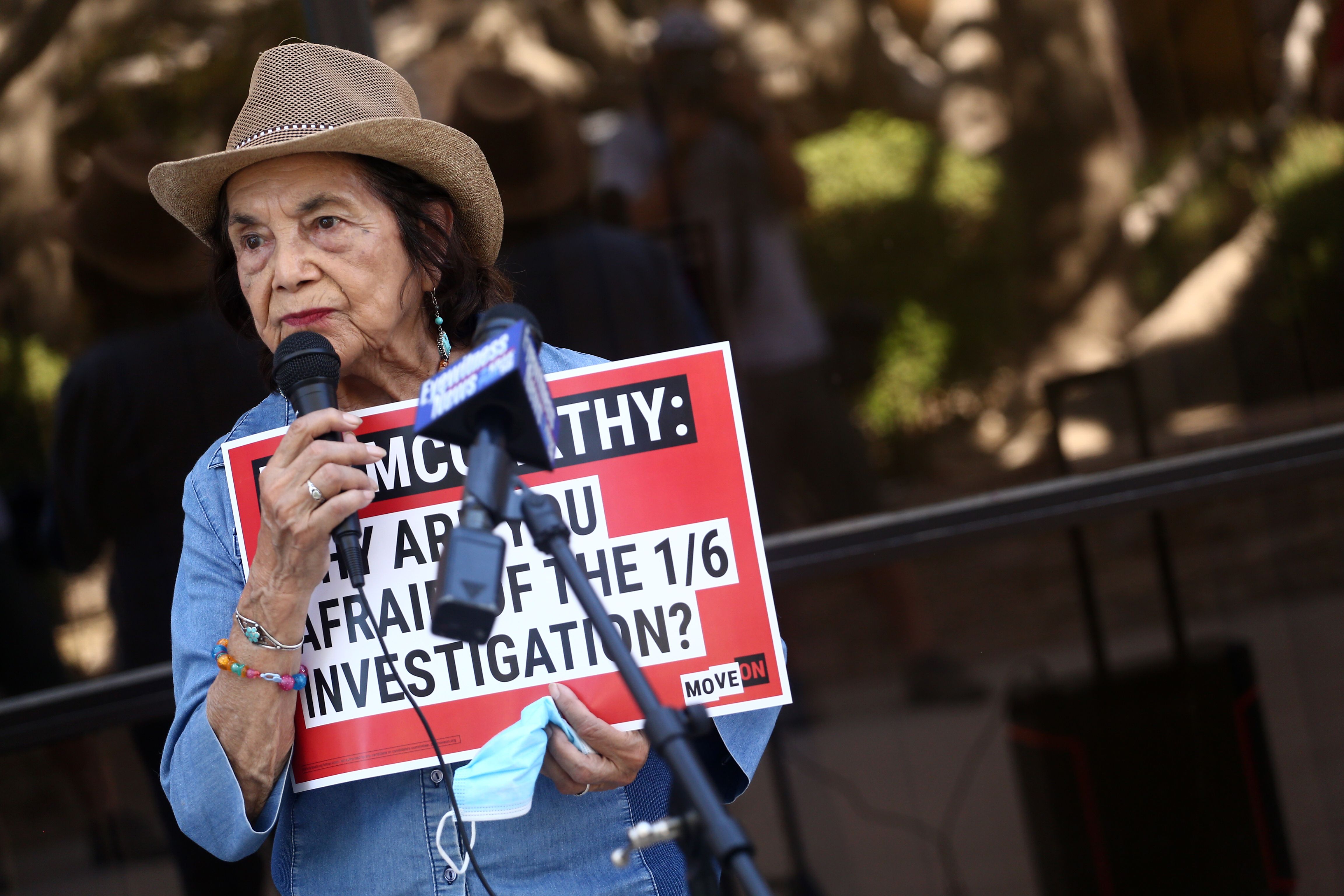 Dolores Huerta speaks during the MoveOn rally at Rep. McCarthy's office on July 27, 2021 in Bakersfield, California.