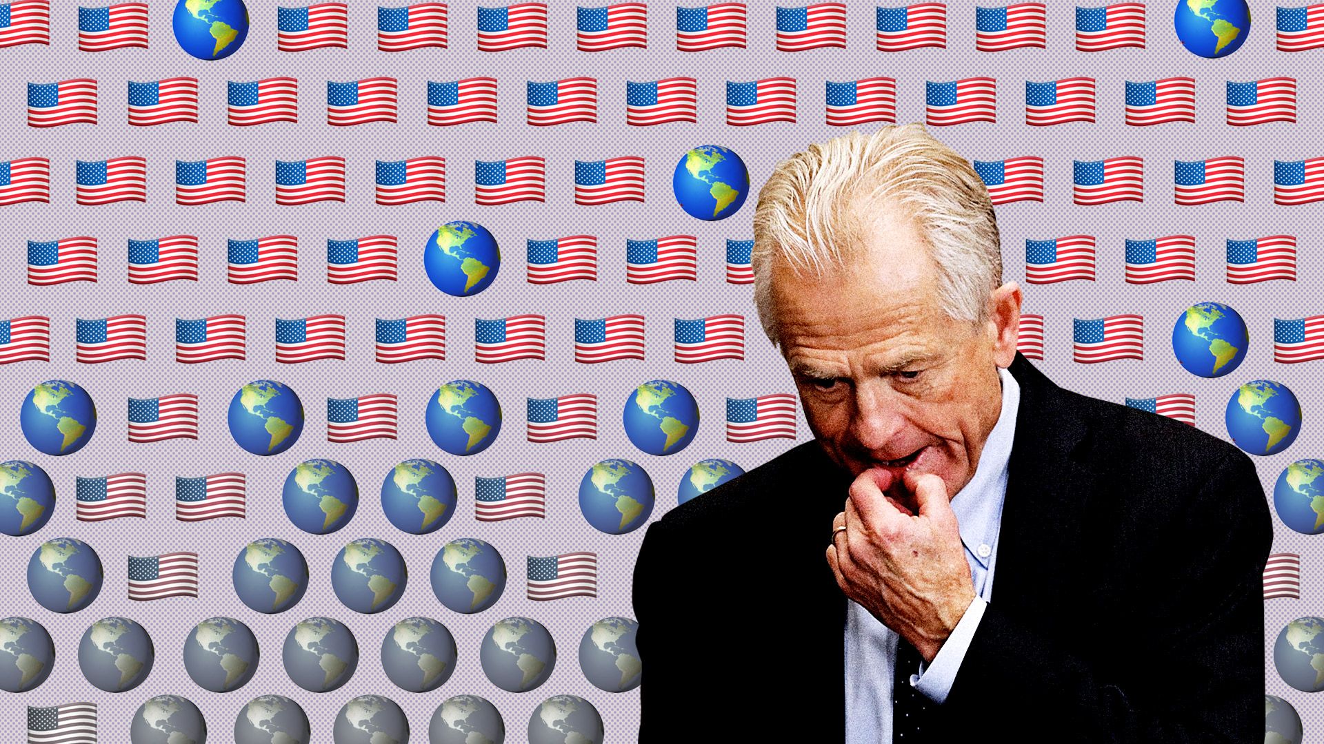 Peter Navarro against a backdrop of globes and American flags