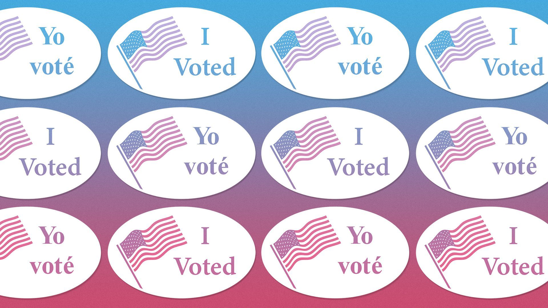 Illustration of a pattern of “I voted” stickers in Spanish and English.