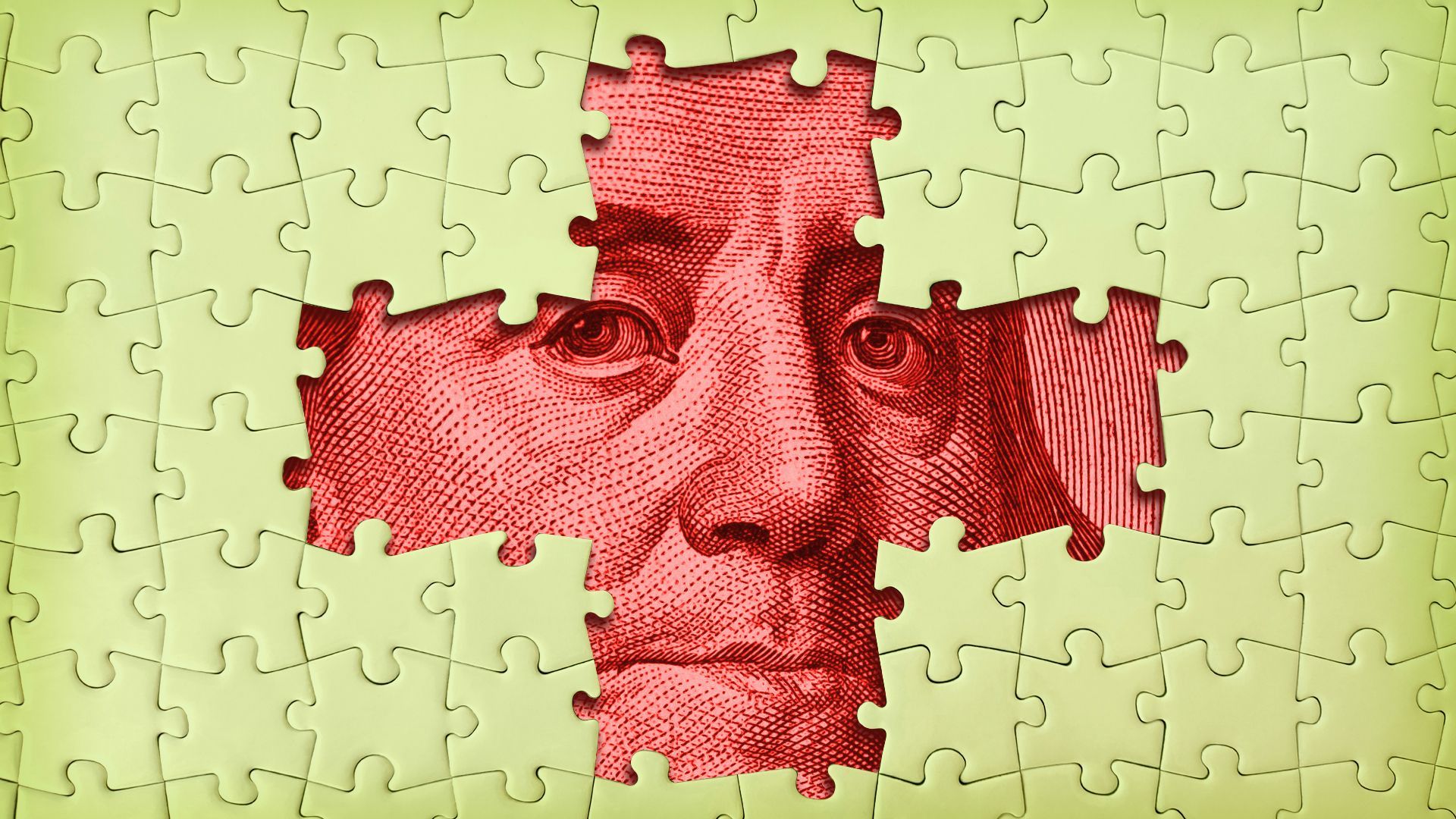 Illustration of a puzzle with pieces missing out of the center in the shape of a red cross revealing the face of Benjamin Franklin from a hundred dollar bill