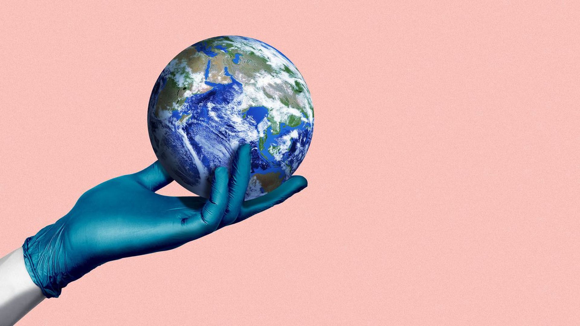 An illustration of a gloved hand holding a globe