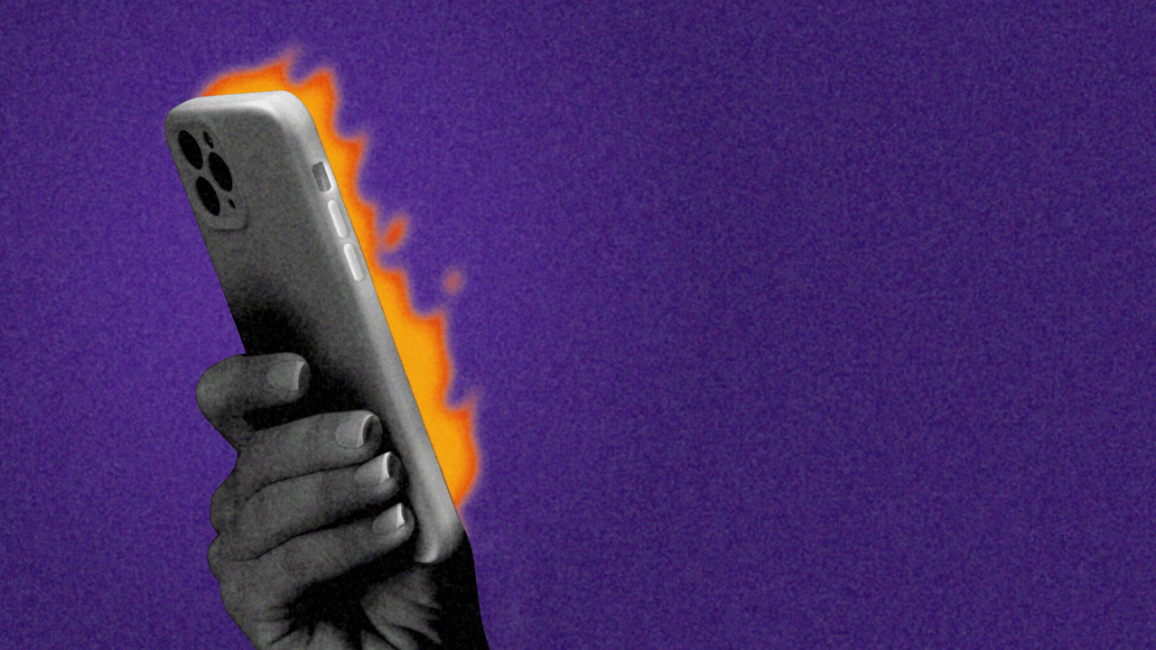 Animated illustration of a hand holding a phone with fire coming out of the screen.