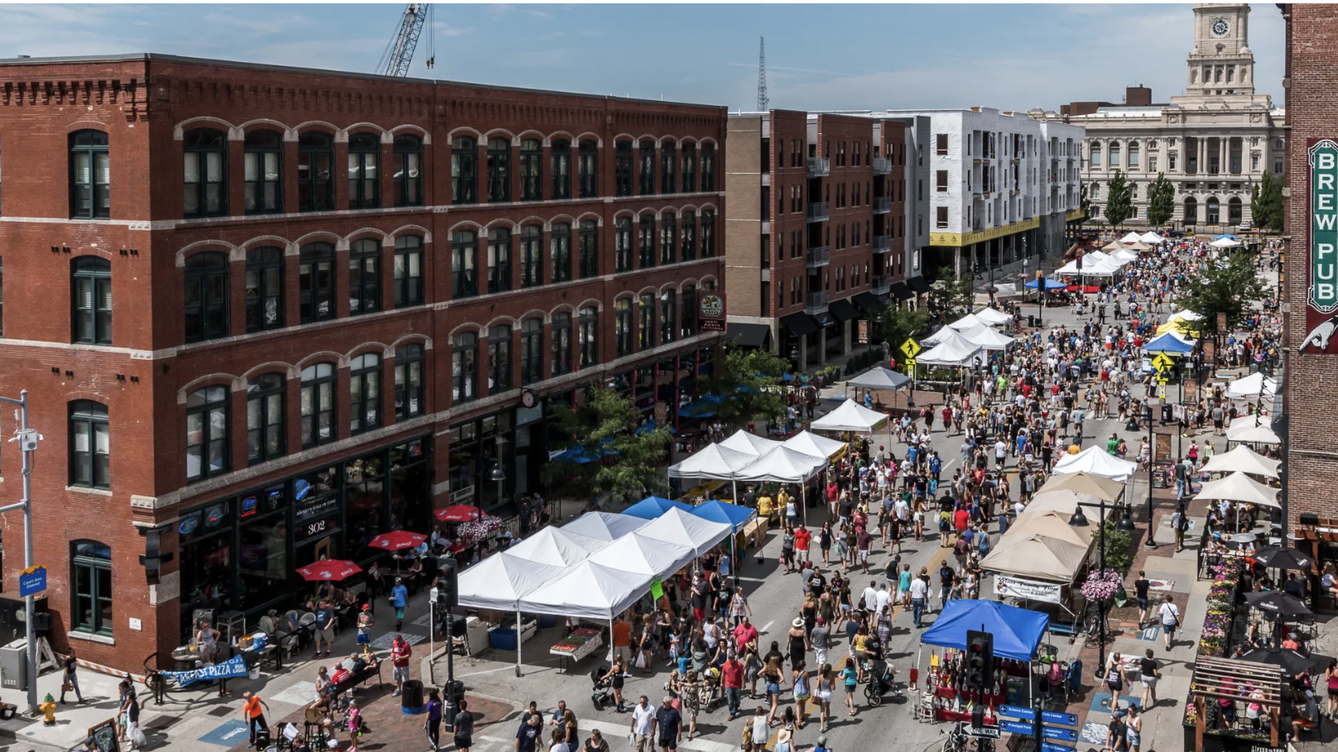 A drone view of the Des Moines farmers market at court avenue