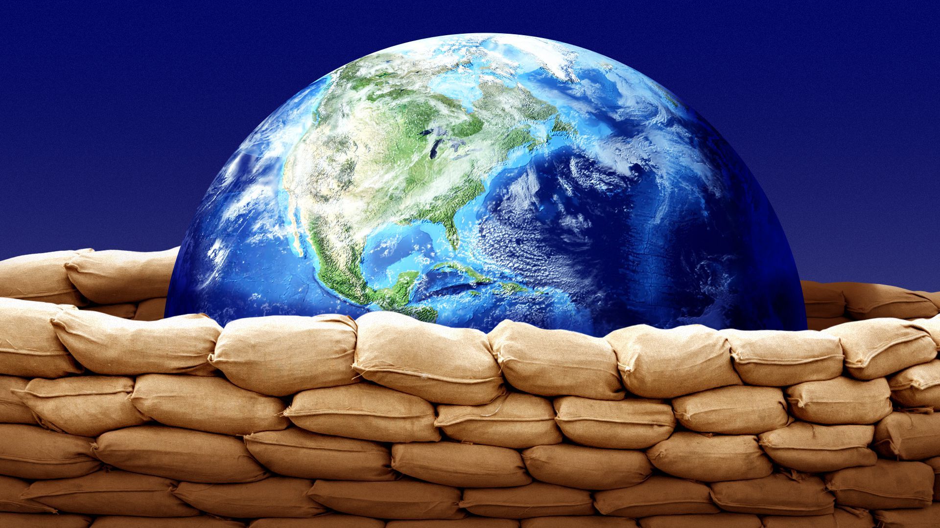 Illustration of the earth surrounded by sandbags 