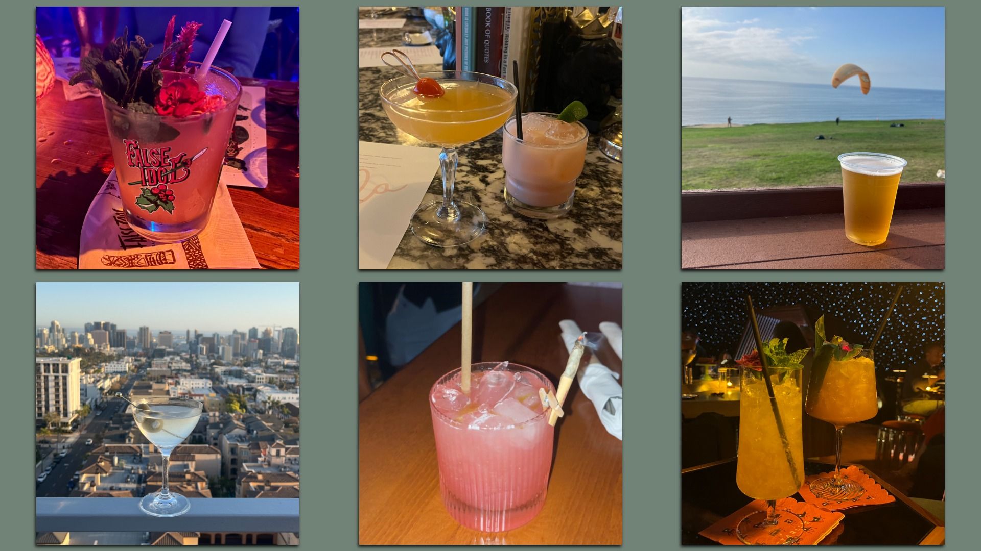 Six images of drinks: two colorful cocktails with garnishes, a beer by the sea with a kite, a martini with olives overlooking a city, a pink drink with a rolled cigarette, and two yellow cocktails in a dim setting.