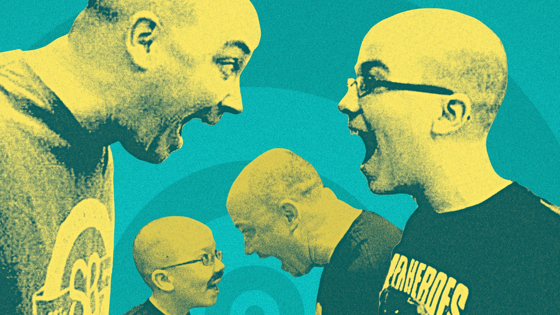 Photo illustration of a collage featuring two photos of George and Brendan Moriarty, with shaved heads, looking at each other and smiling.