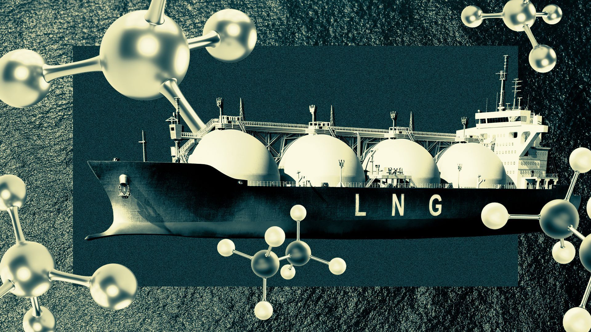 Illustration of a liquid natural gas (LNG) tanker collaged with molecules. 