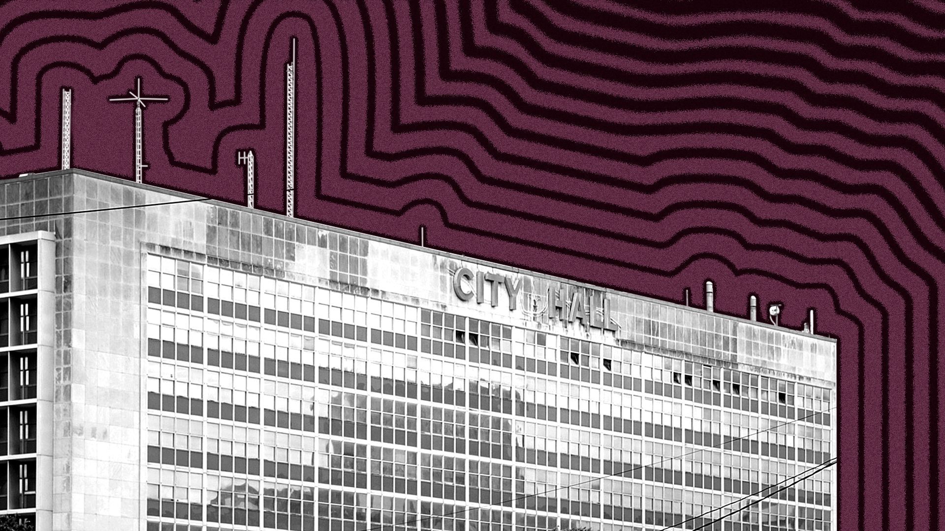 Photo illustration of New Orleans City Hall with lines radiating from it.