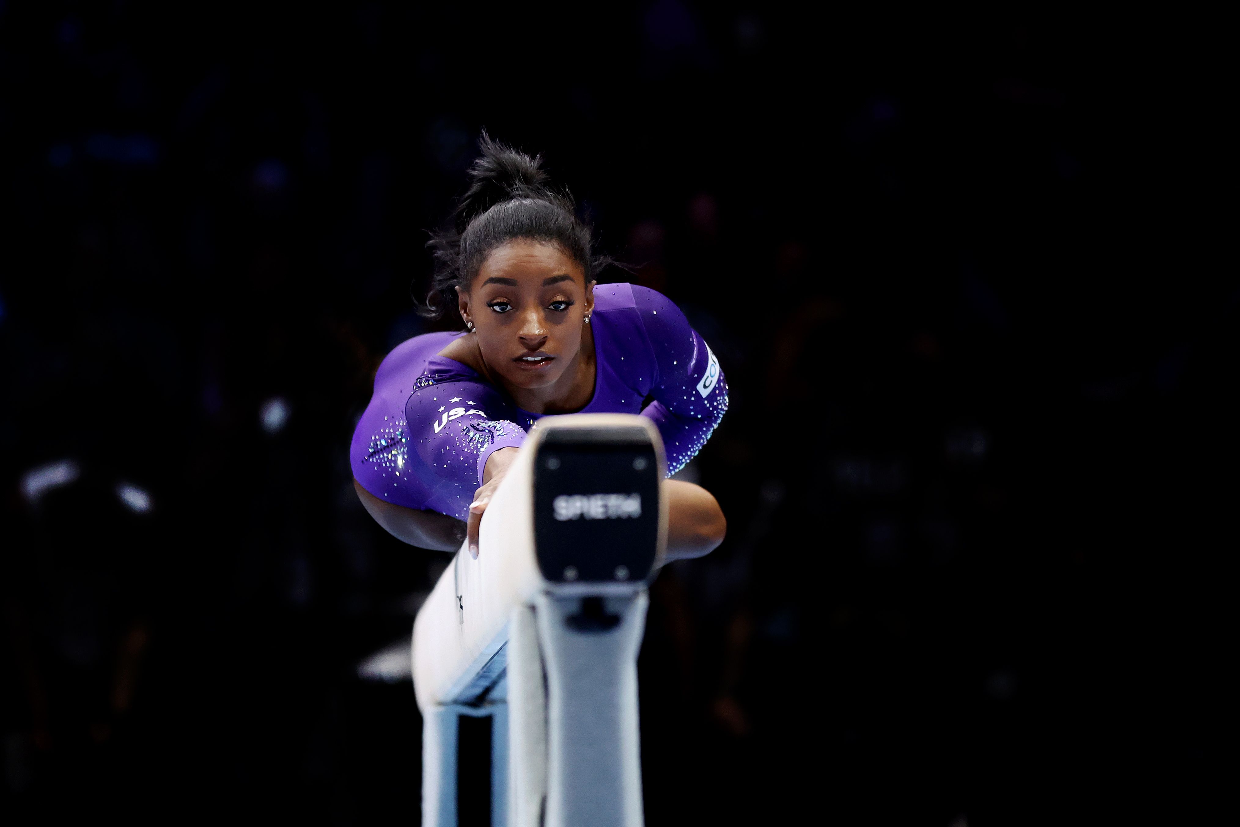 Simone Biles of The United States of America performs her Beam routine during the Women's Beam final during Day Nine of the 2023 Artistic Gymnastics World Championships on October 08, 2023 in Antwerp, Belgium. 
