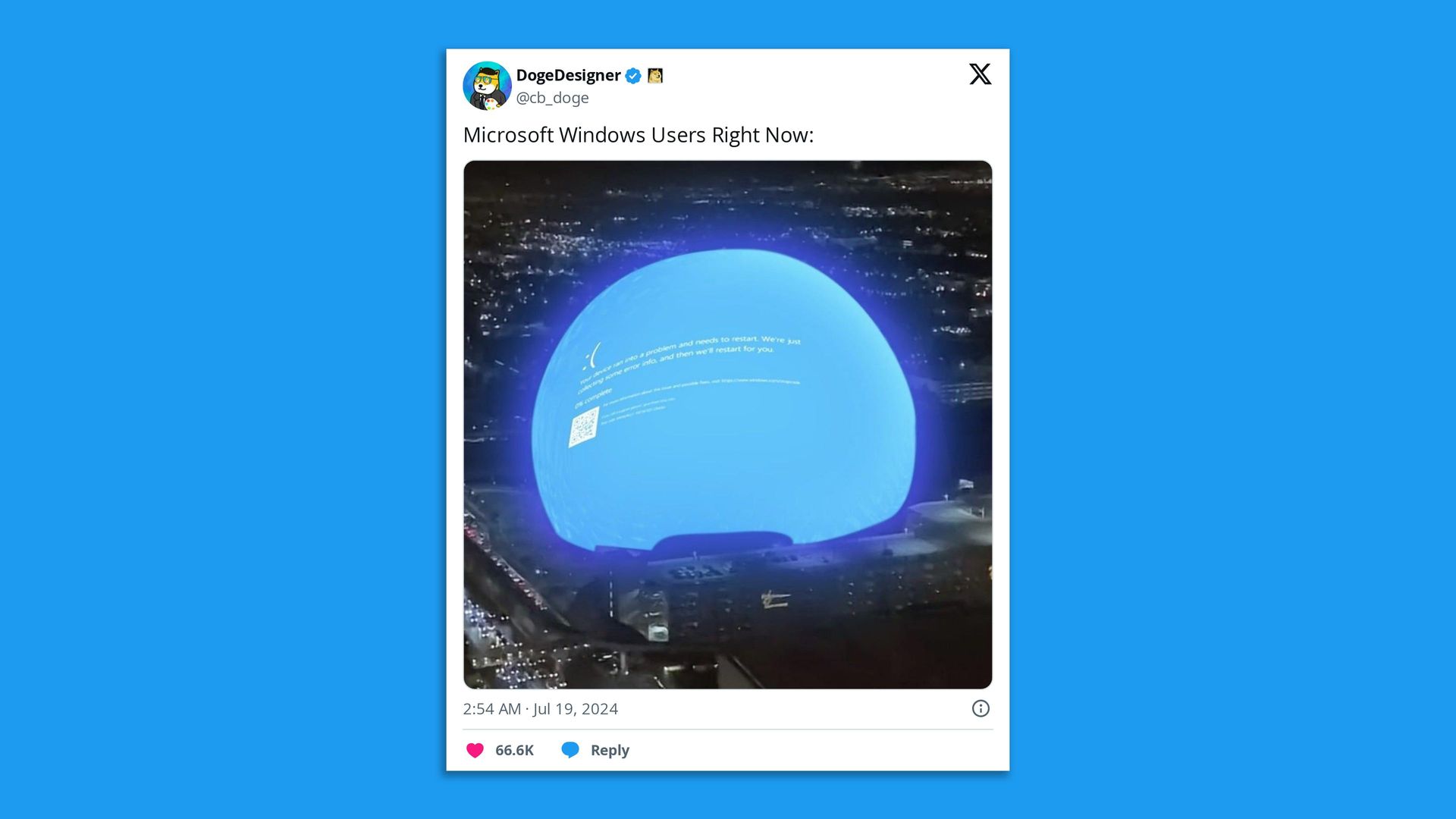 A tweet with an edited image of the Sphere in Las Vegas that has a Microsoft error message overlayed on it. 