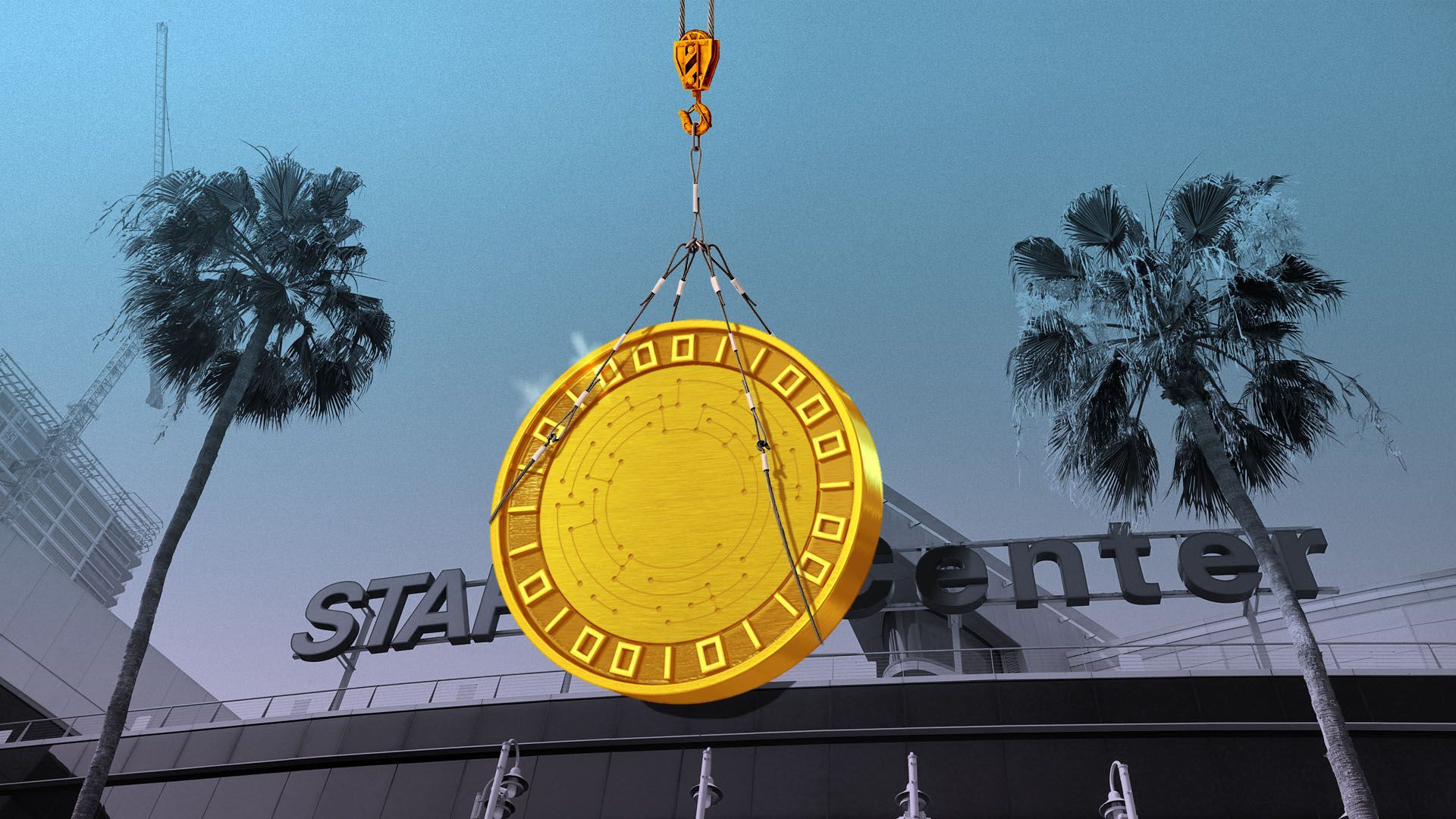 Illustration of a coin with binary code being lifted by a crane in front of the Staples Center